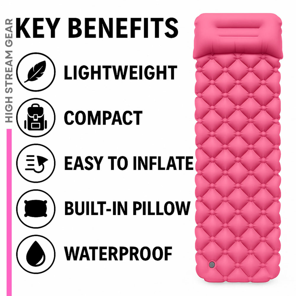 High Stream Gear kids sleeping pad pink with built-in pillow for comfort