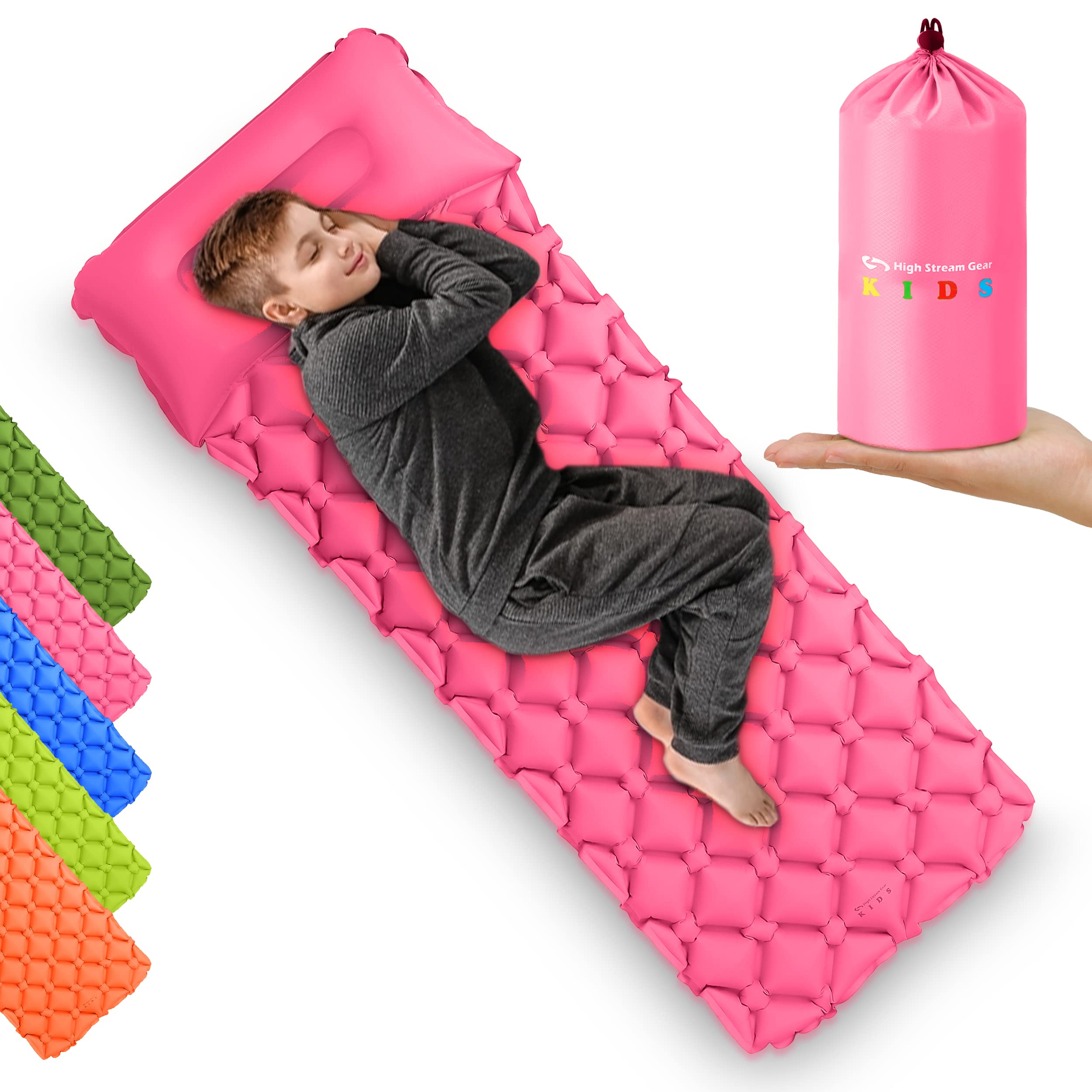 High Stream Gear kids sleeping pad pink folded for compact travel and storage