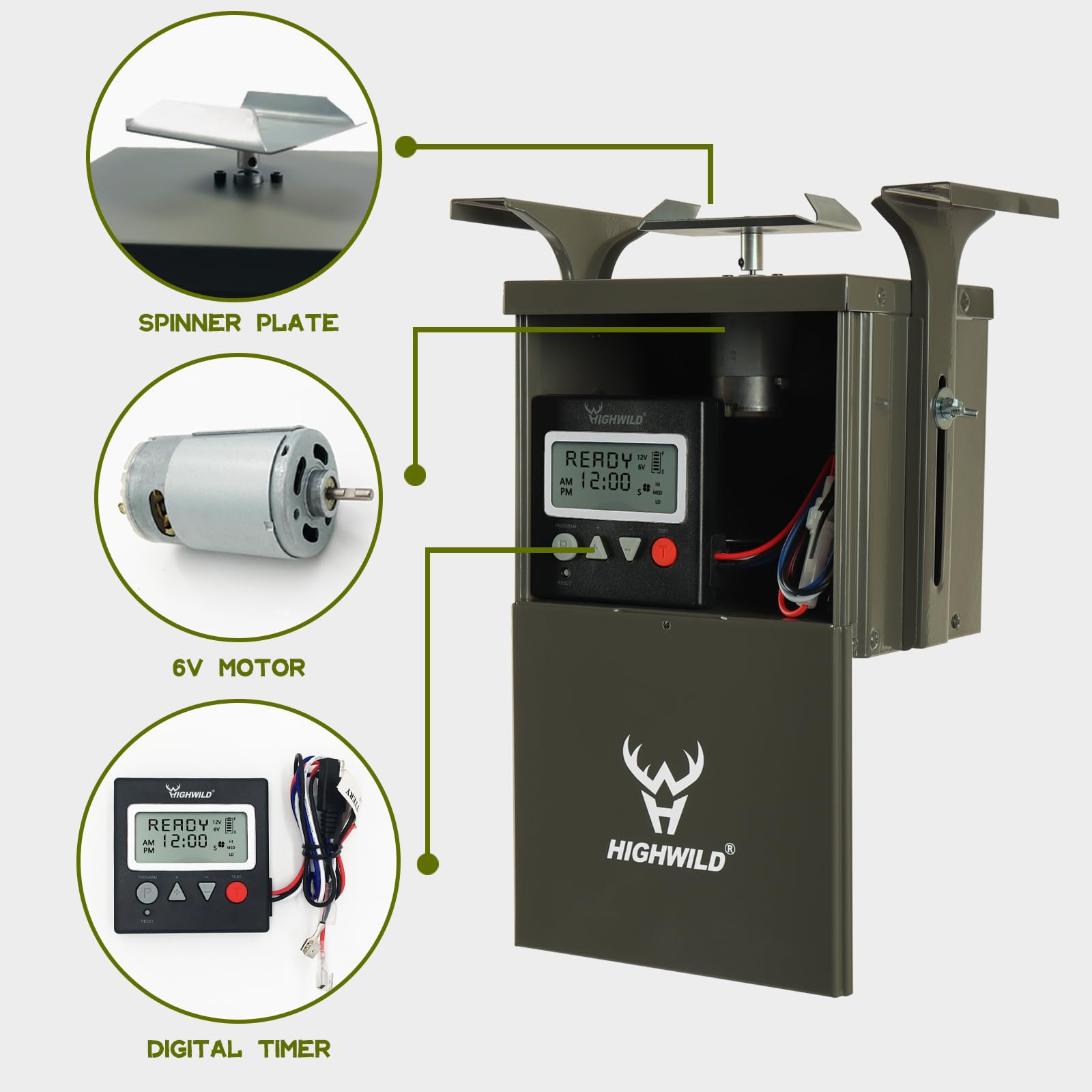 Highwild deer feeder digital timer and motor kit supports programmable feeding.