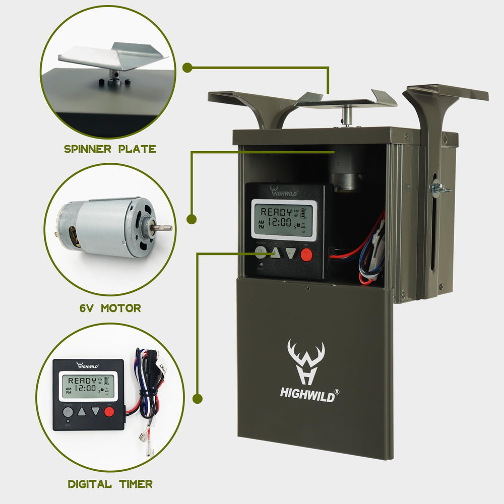 Highwild deer feeder digital timer and motor kit supports programmable feeding.