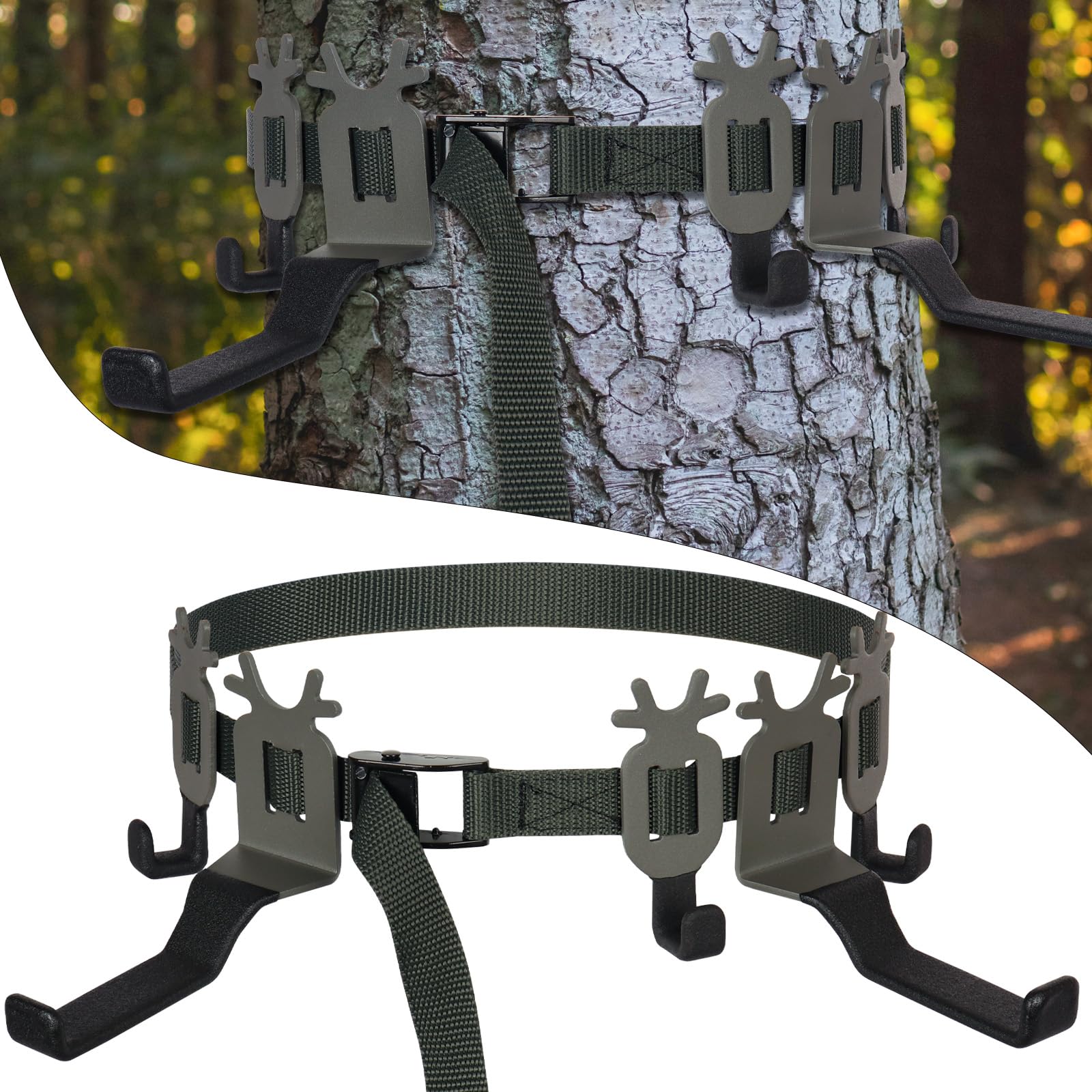 Highwild treestand strap gear hangers setup on a tree for quick, secure gear organization