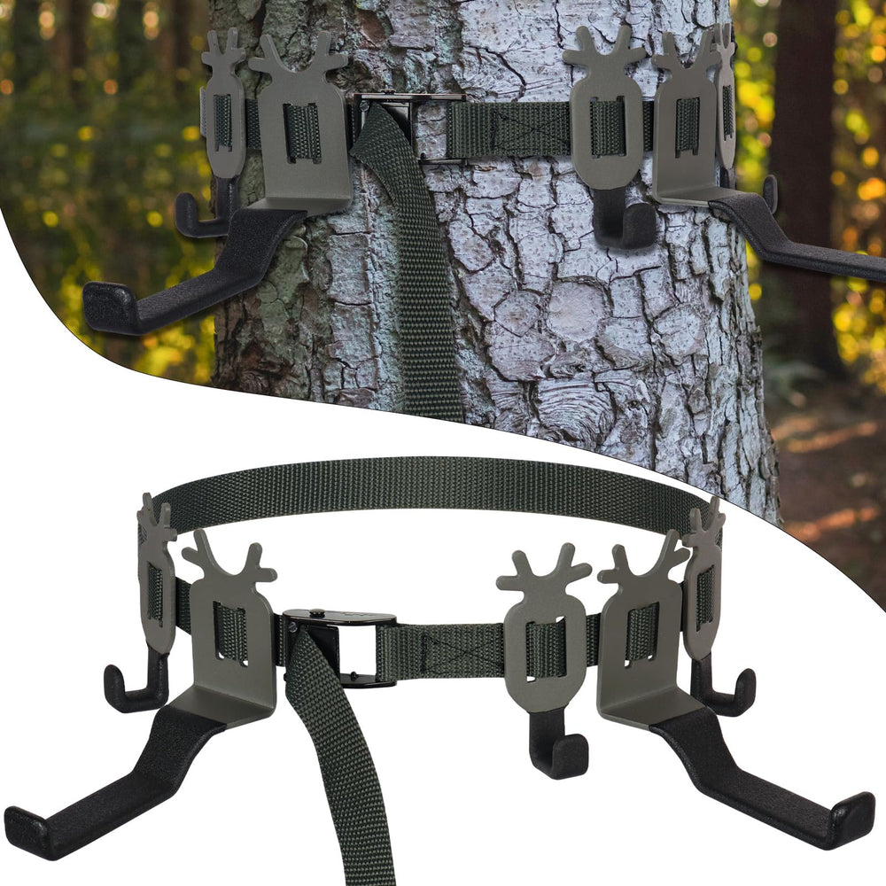 Highwild treestand strap gear hangers setup on a tree for quick, secure gear organization
