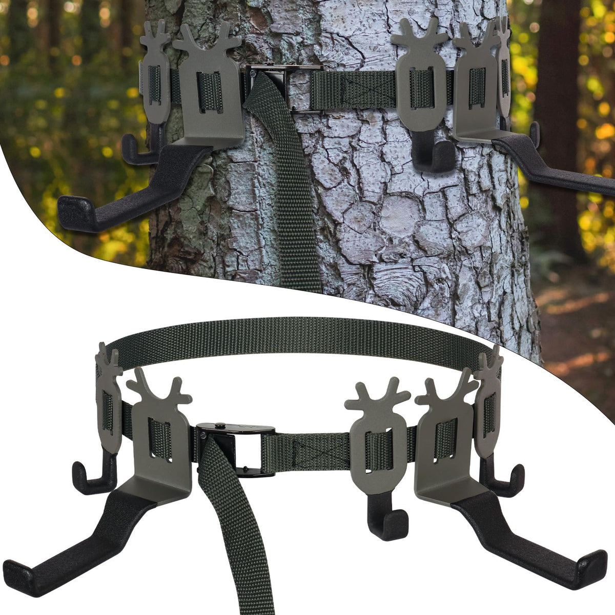 Highwild treestand strap gear hangers setup on a tree for quick, secure gear organization