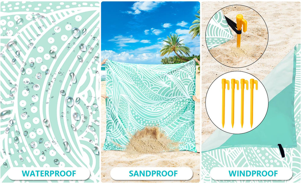 HIHOHO beach blanket with anchor stakes keeps the mat secure on windy shores