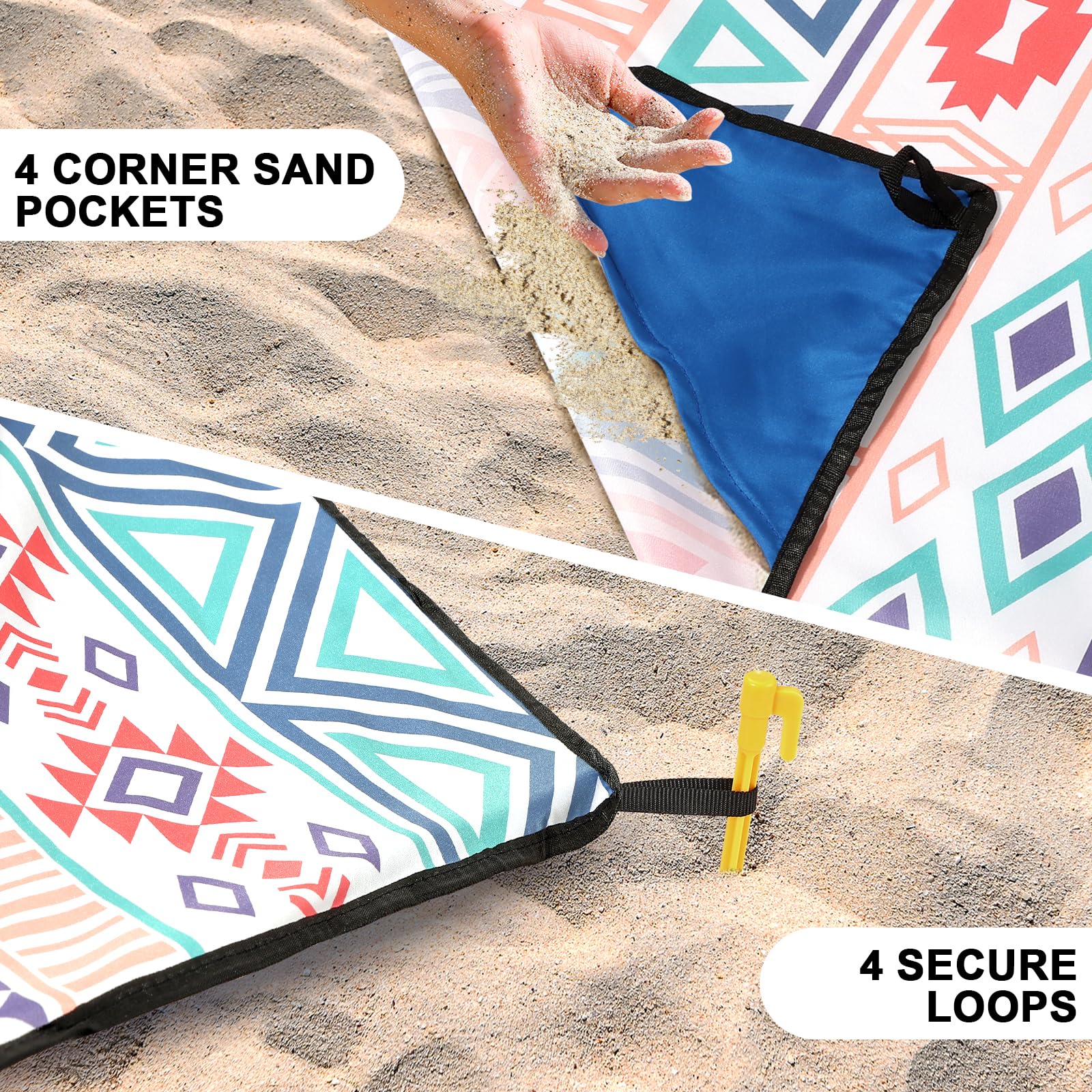 HIHOHO Beach Blanket with anchor stakes for stable deployment on windy beaches.