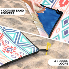 HIHOHO Beach Blanket with anchor stakes for stable deployment on windy beaches.