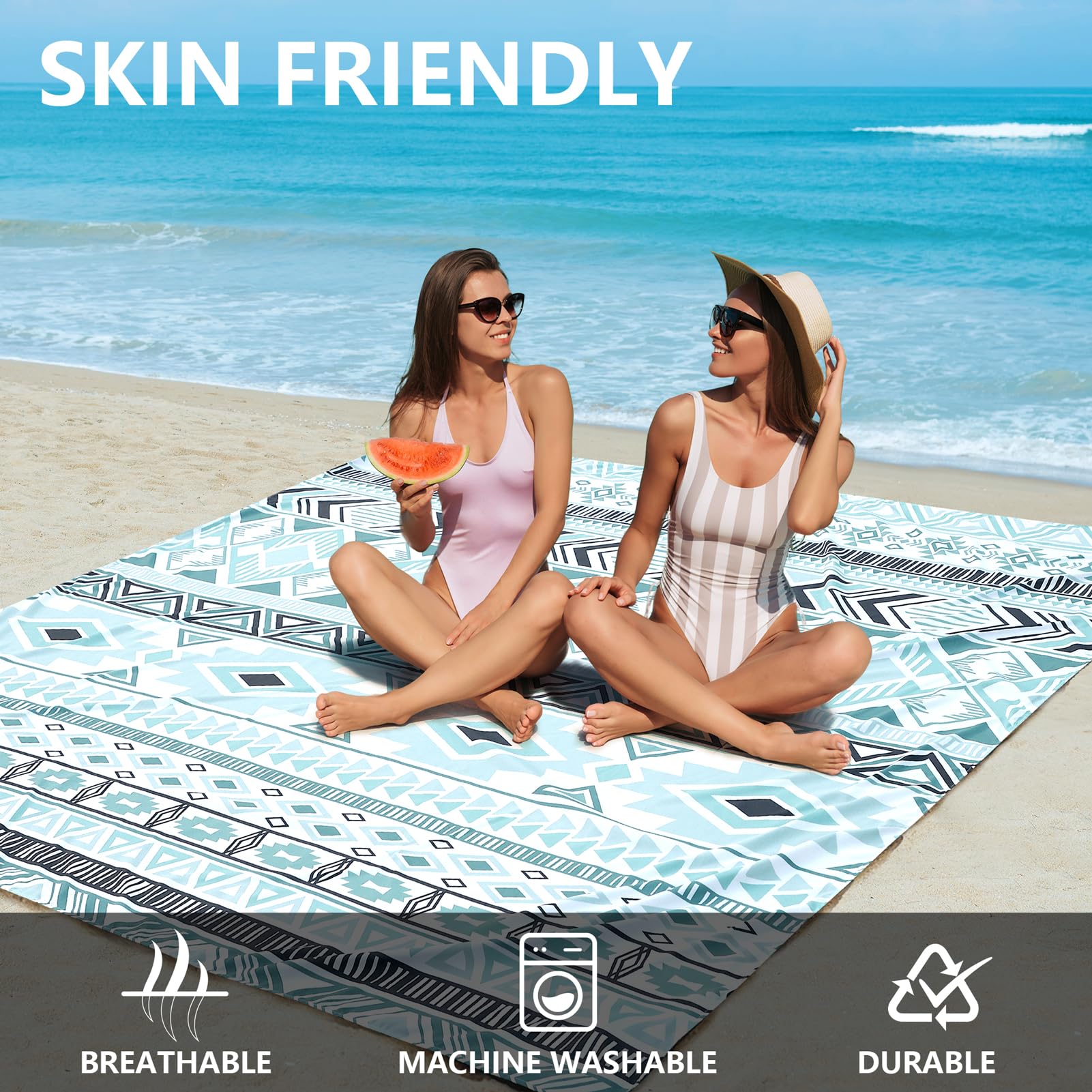 HIHOHO beach blanket with anchor stakes demonstrating secure setup.