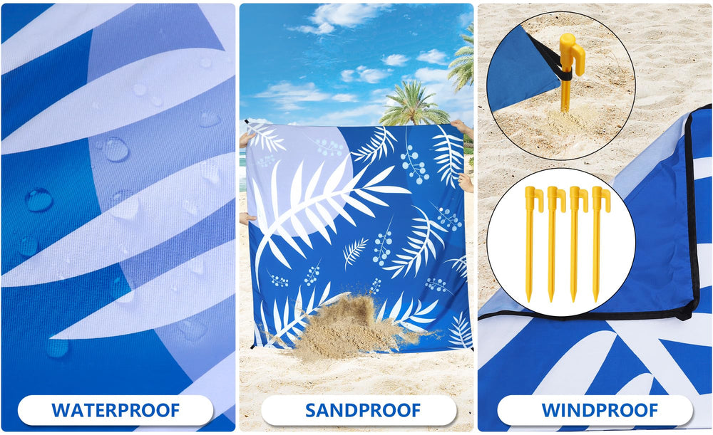 HIHOHO beach blanket with anchor stakes demonstrates secure setup on sand.