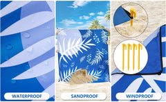 HIHOHO beach blanket with anchor stakes demonstrates secure setup on sand.