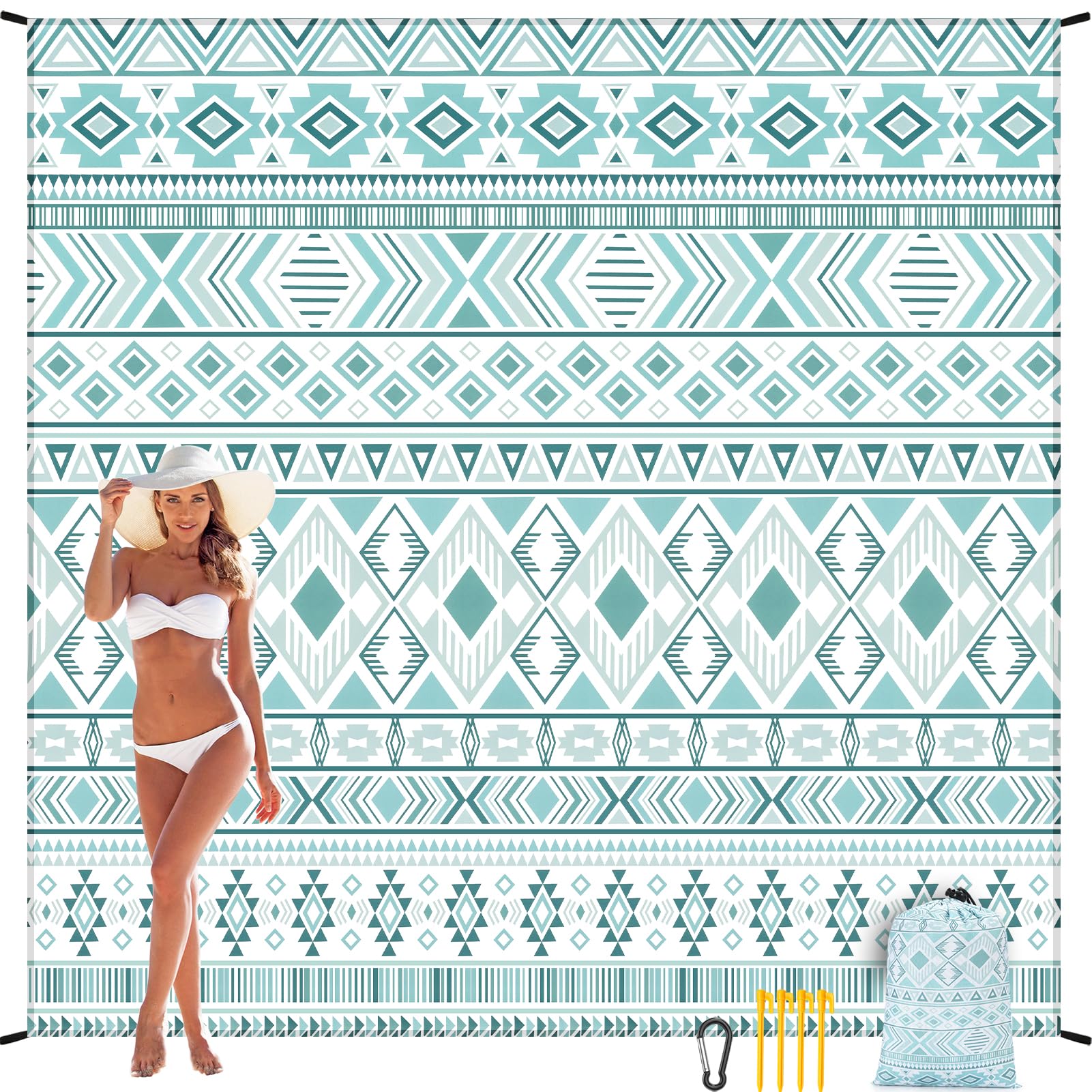 HIHOHO beach blanket carry bag and stakes enable easy setup.