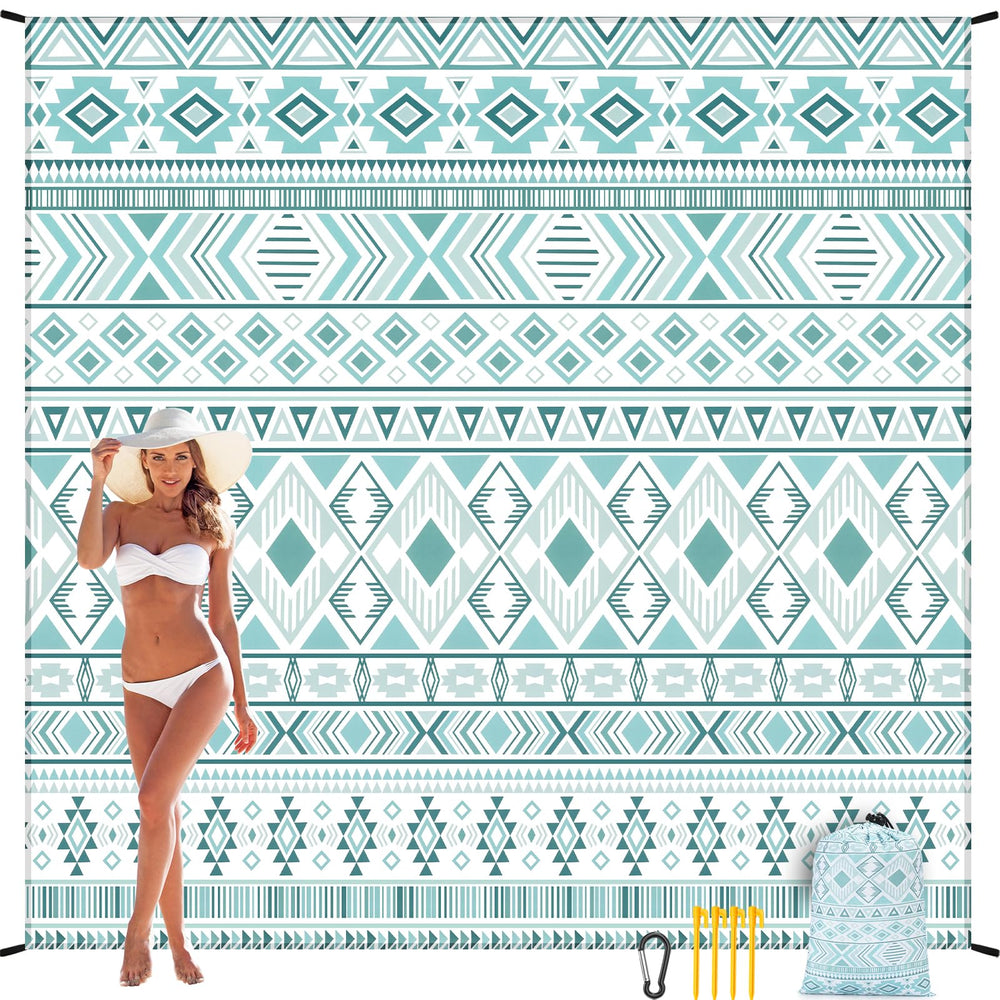 HIHOHO beach blanket carry bag and stakes enable easy setup.