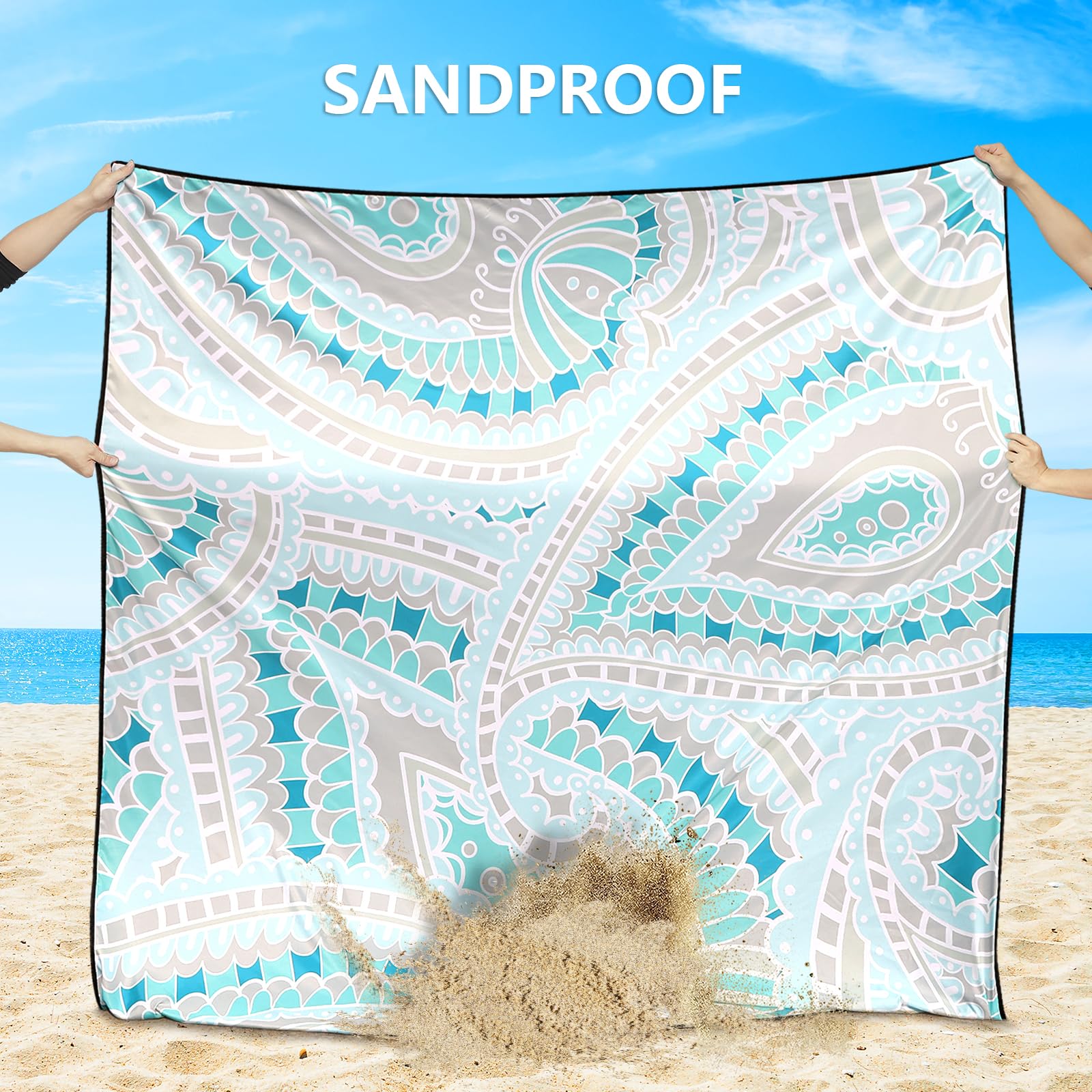 HIHOHO Beach Blanket corner pockets hold rocks for strong anchoring.