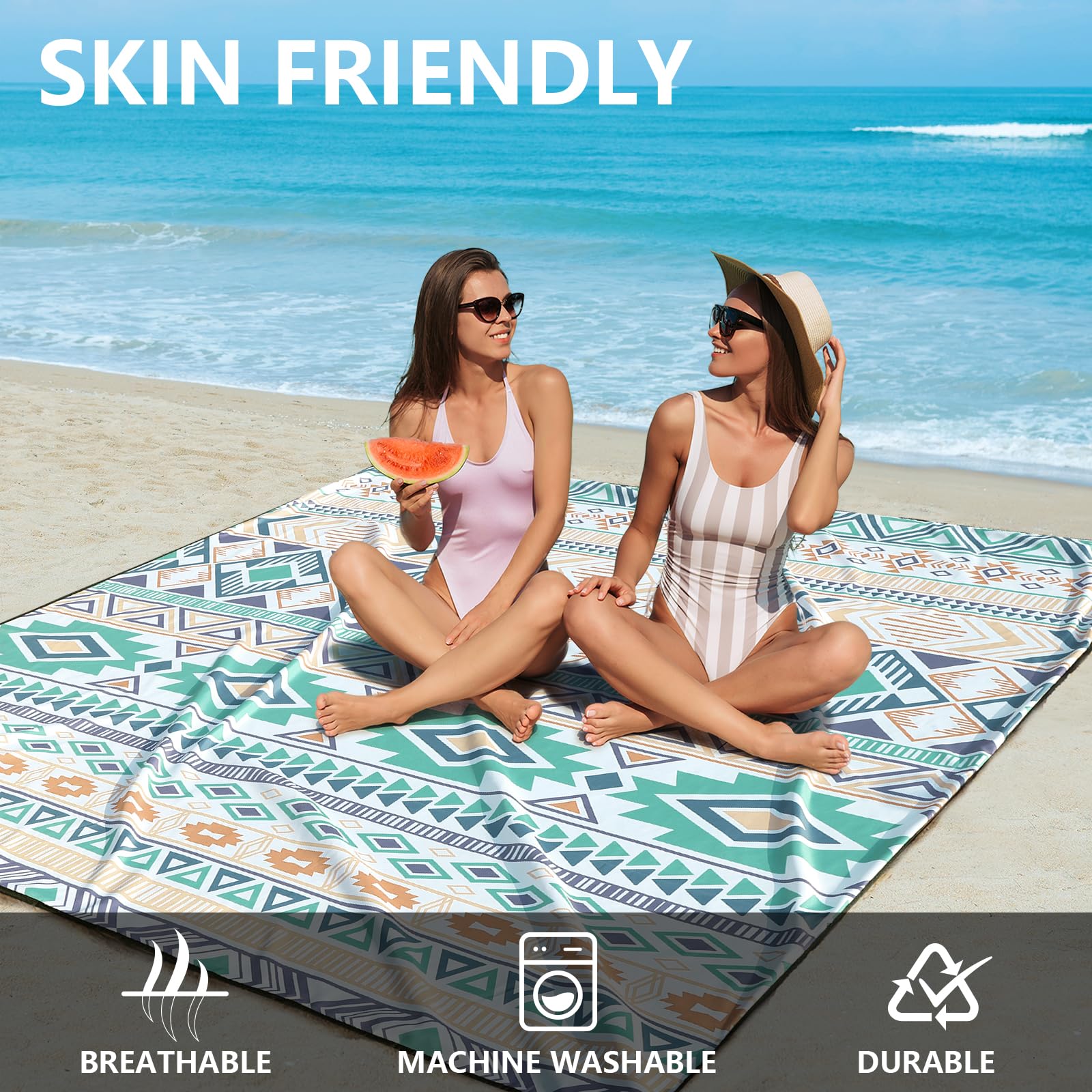 HIHOHO Beach Blanket laid flat on sand showing oversized space for family picnics.