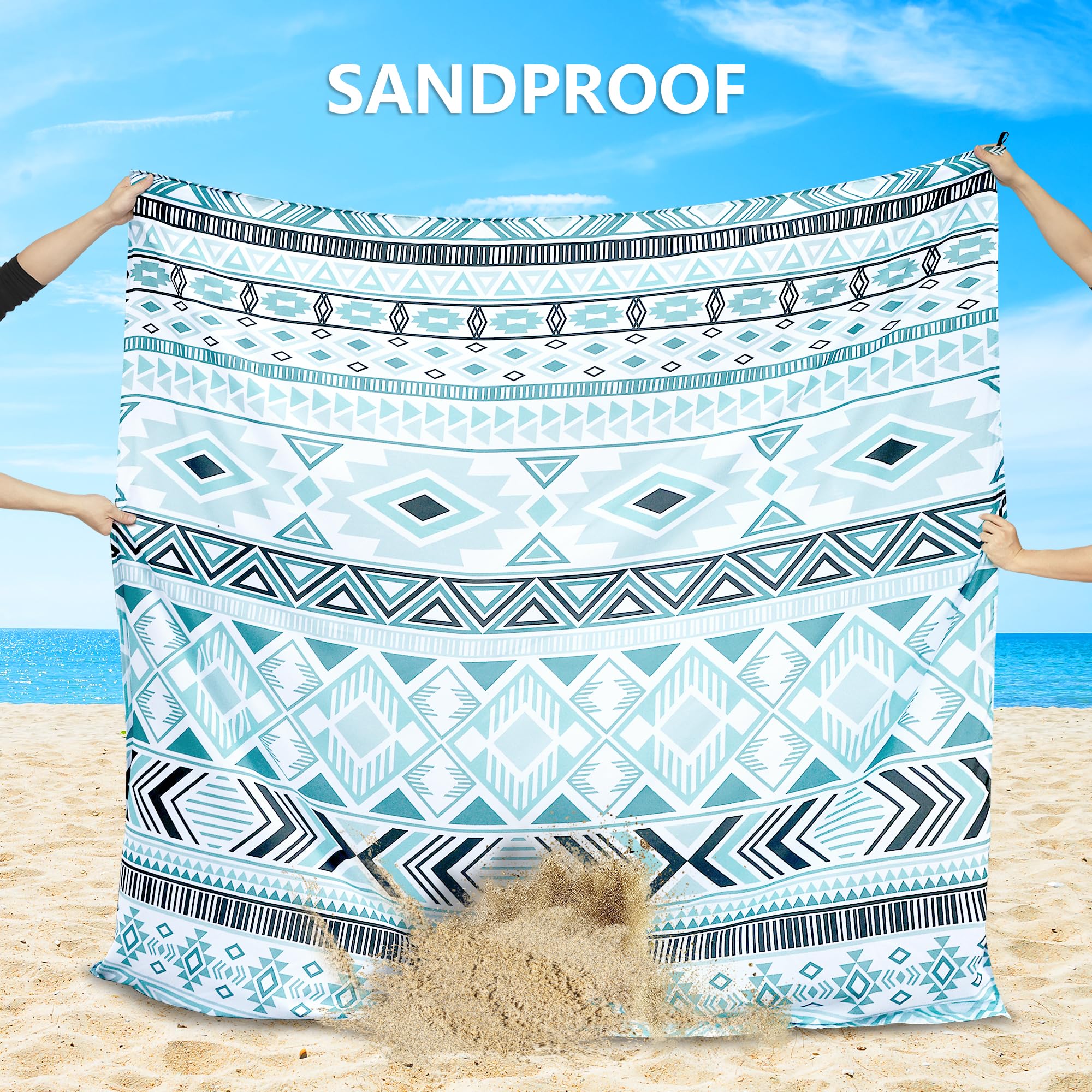 HIHOHO beach blanket sand pockets ready to anchor on windy beaches.