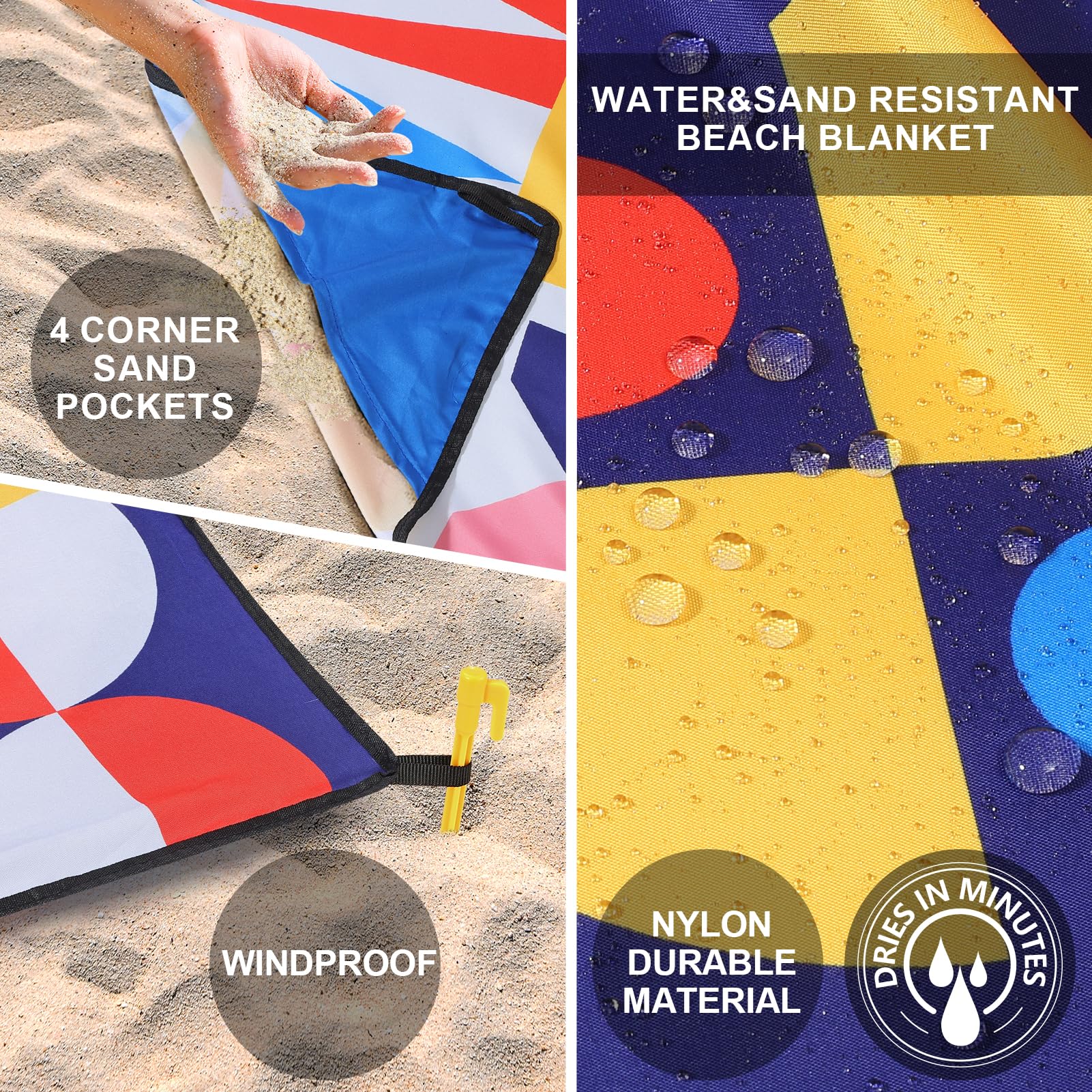 HIHOHO blanket with sand-proof design and anchor stakes keeps it secure.
