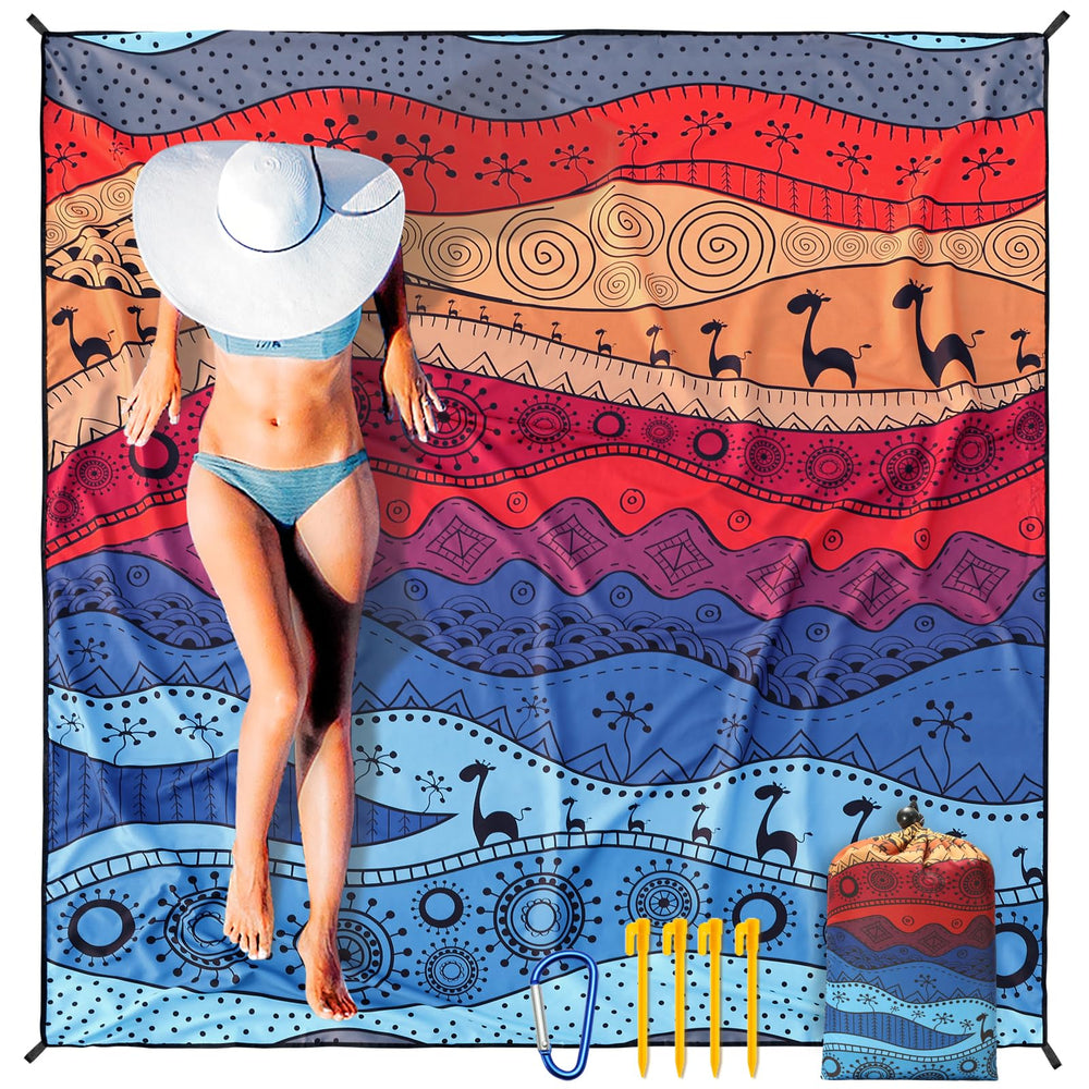 HiHOHO beach blanket laid flat on sand, showing sandproof and quick-dry surface.