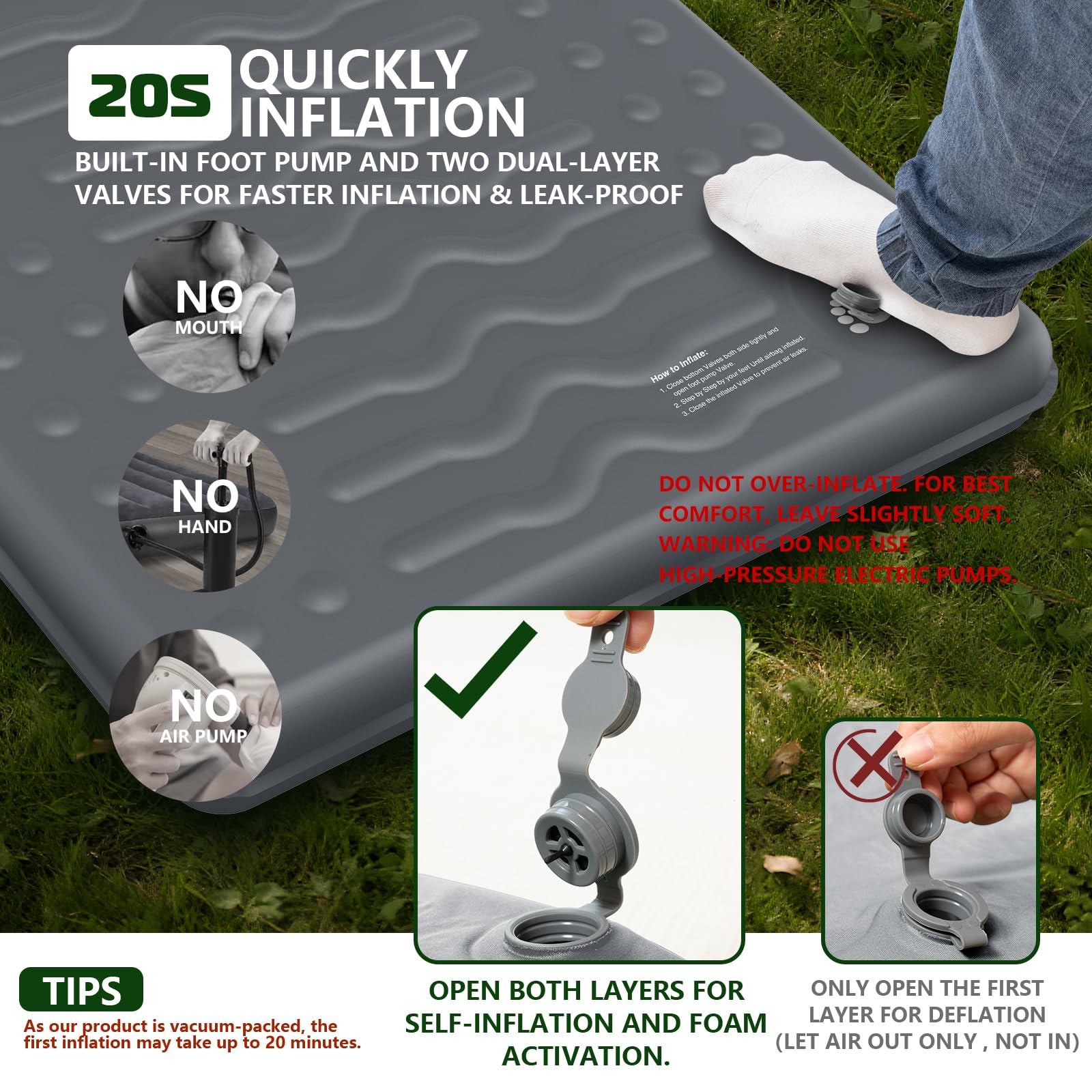 HiiPeak memory sleeping pad fabric closeup shows silent, durable layer for outdoor use.