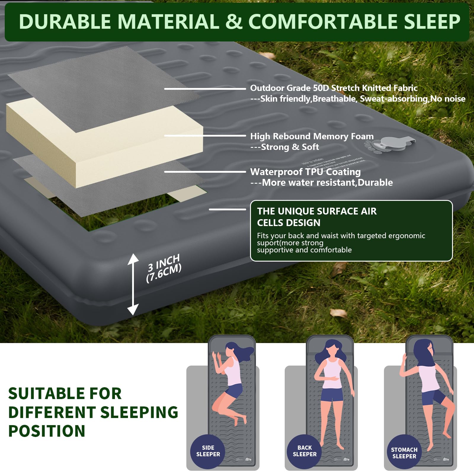 HiiPeak memory sleeping pad full-size unfolded shows spacious sleep area for comfortable nights.