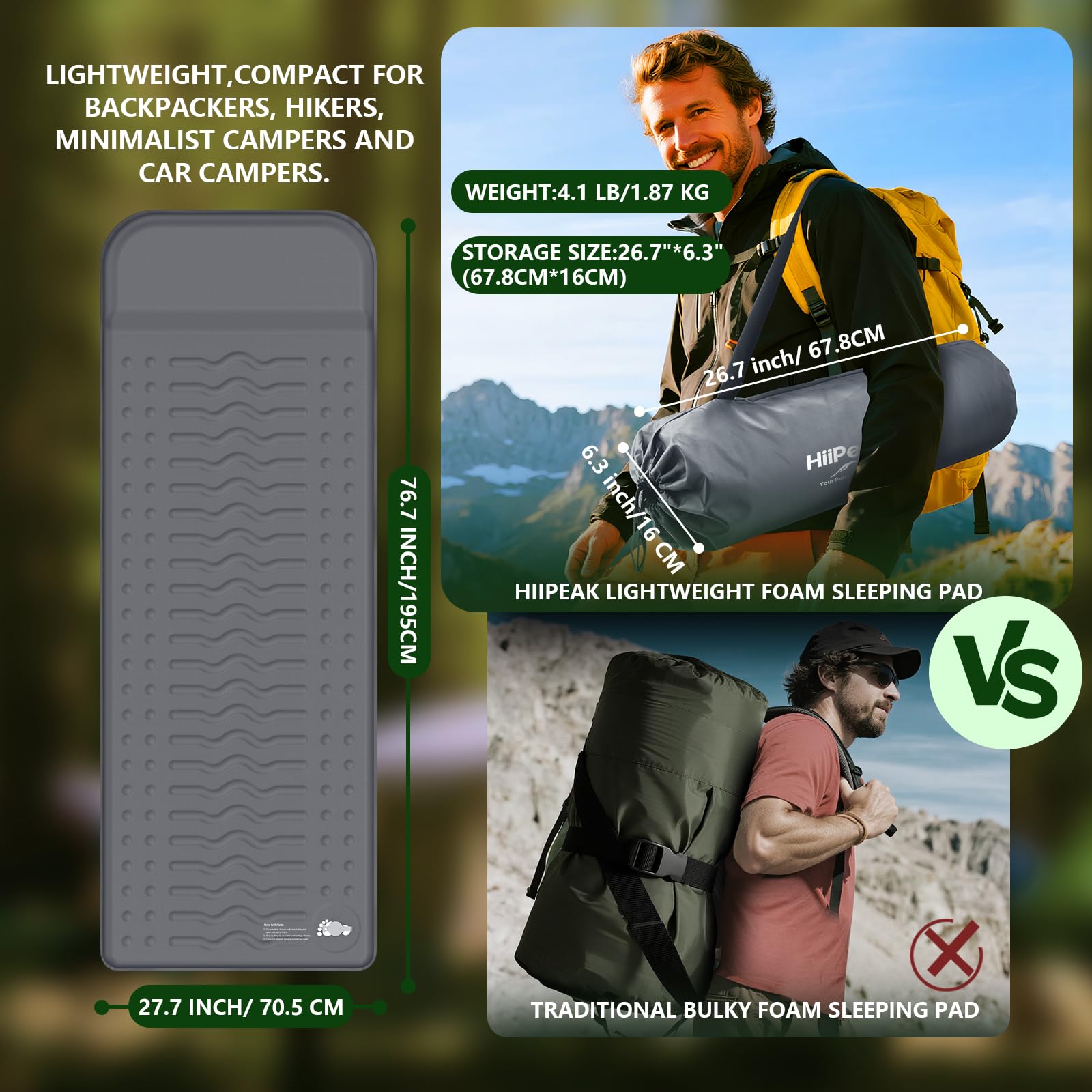 HiiPeak memory sleeping pad inflation valve closeup emphasizes quick 20-second setup.
