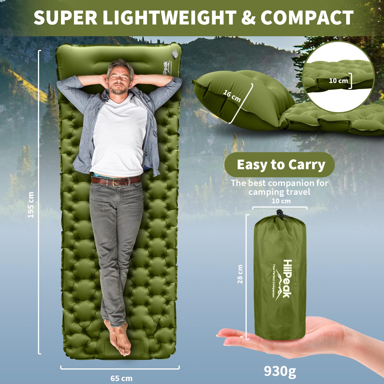 HiiPeak sleeping pad ergonomic hexagon cells contour to pressure points for restful nights.