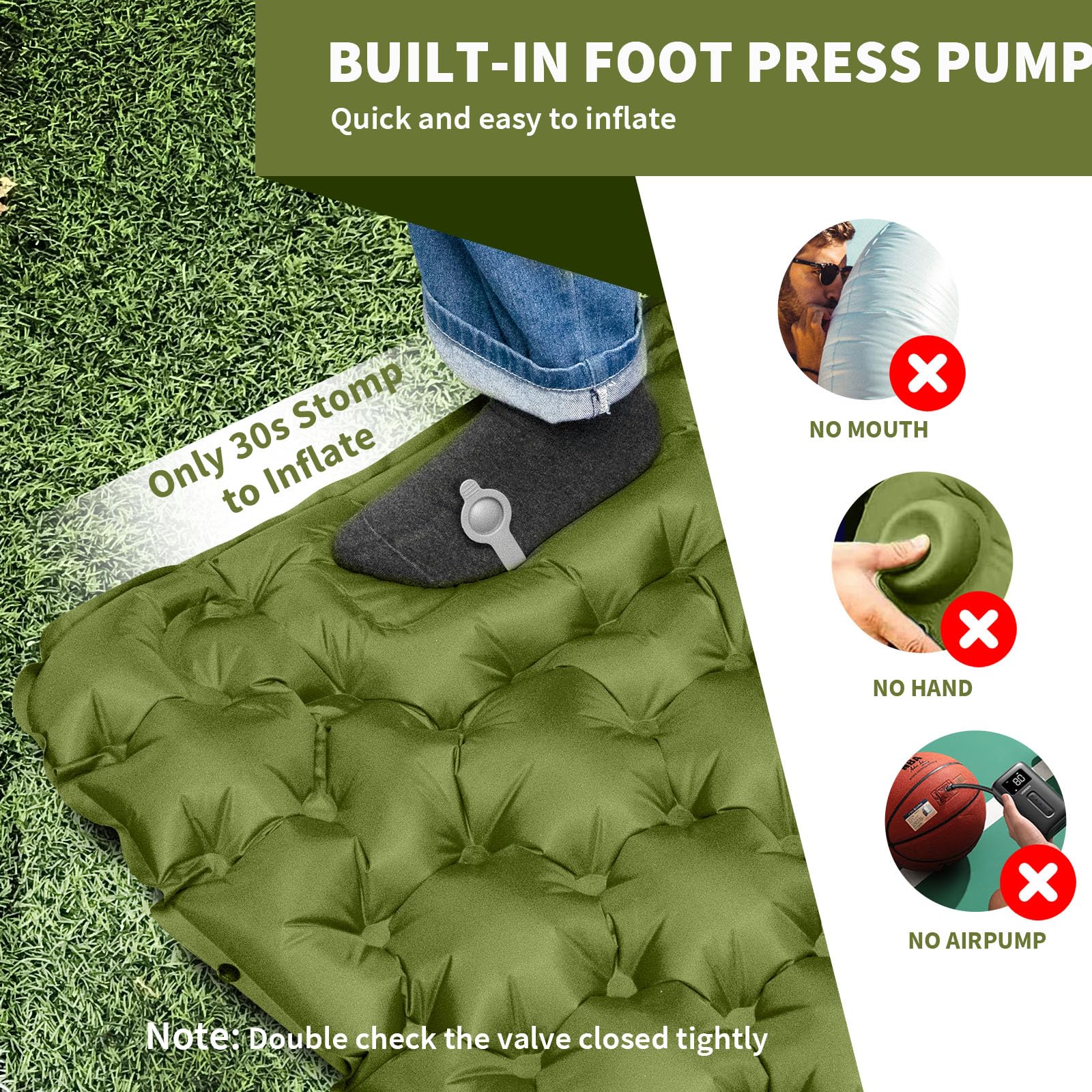 HiiPeak sleeping pad foot-pump inflates quickly for fast, equipment-free setup.