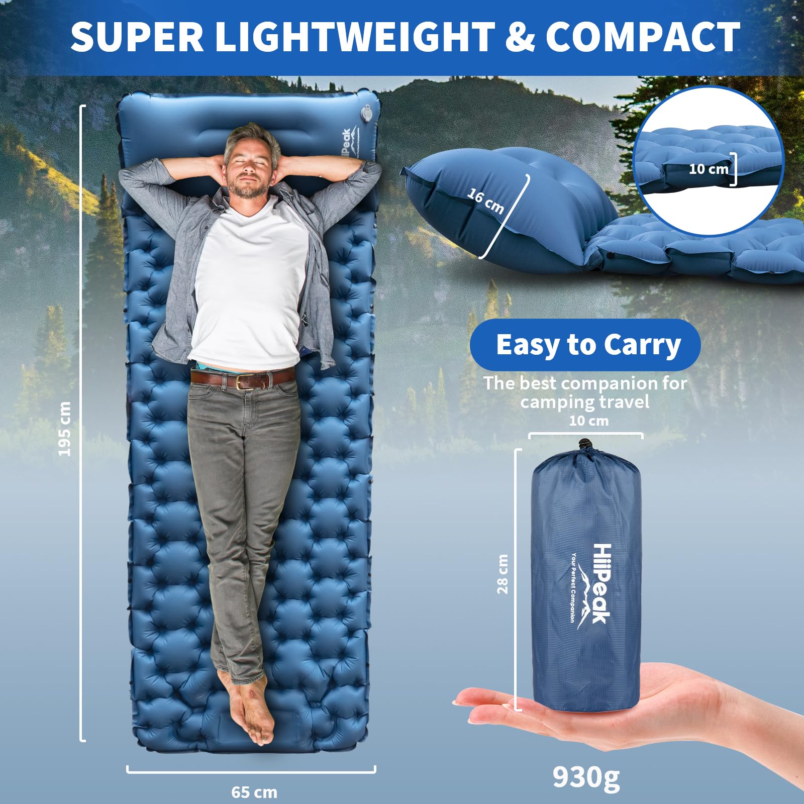 HiiPeak sleeping pad with built-in pillow cushions neck for relaxed camping sleep.