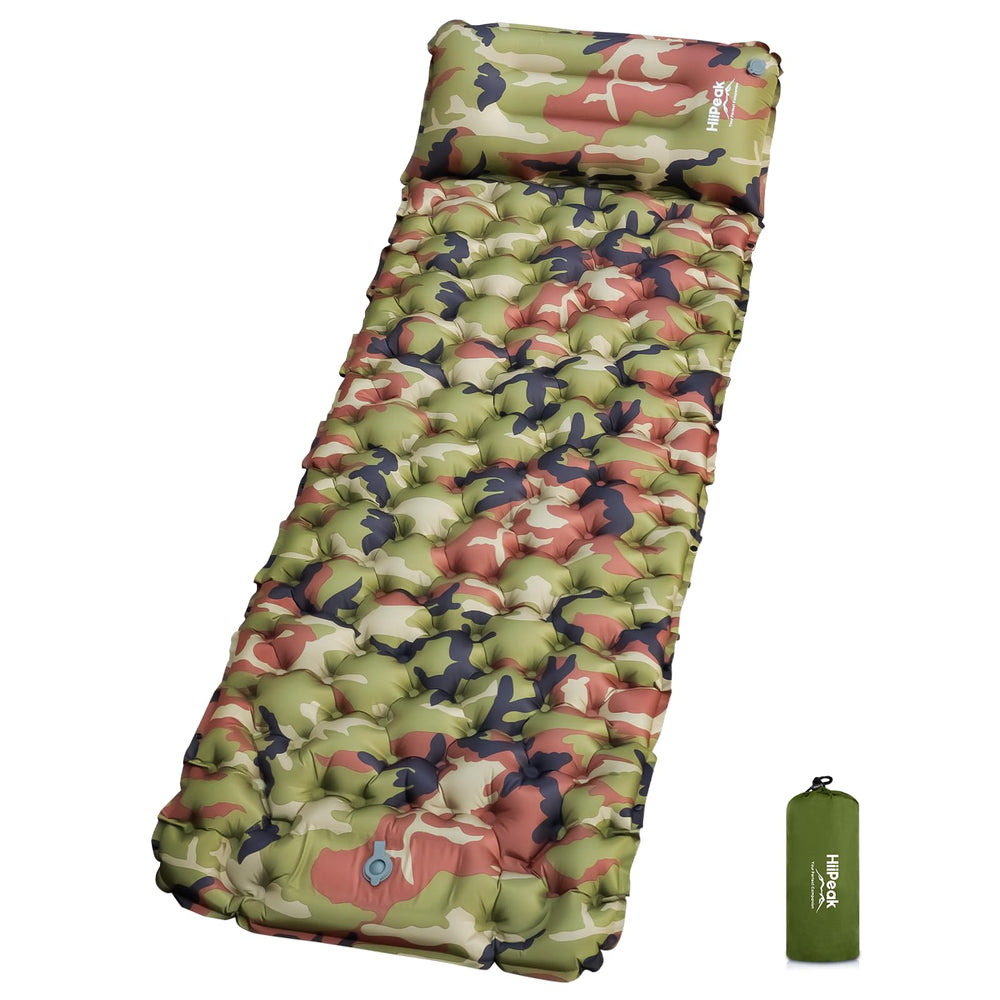 HiiPeak sleeping pad with built-in pillow offering neck support for comfortable camping sleep.