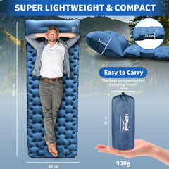 HiiPeak sleeping pad with built-in pillow cushions neck for relaxed camping sleep.