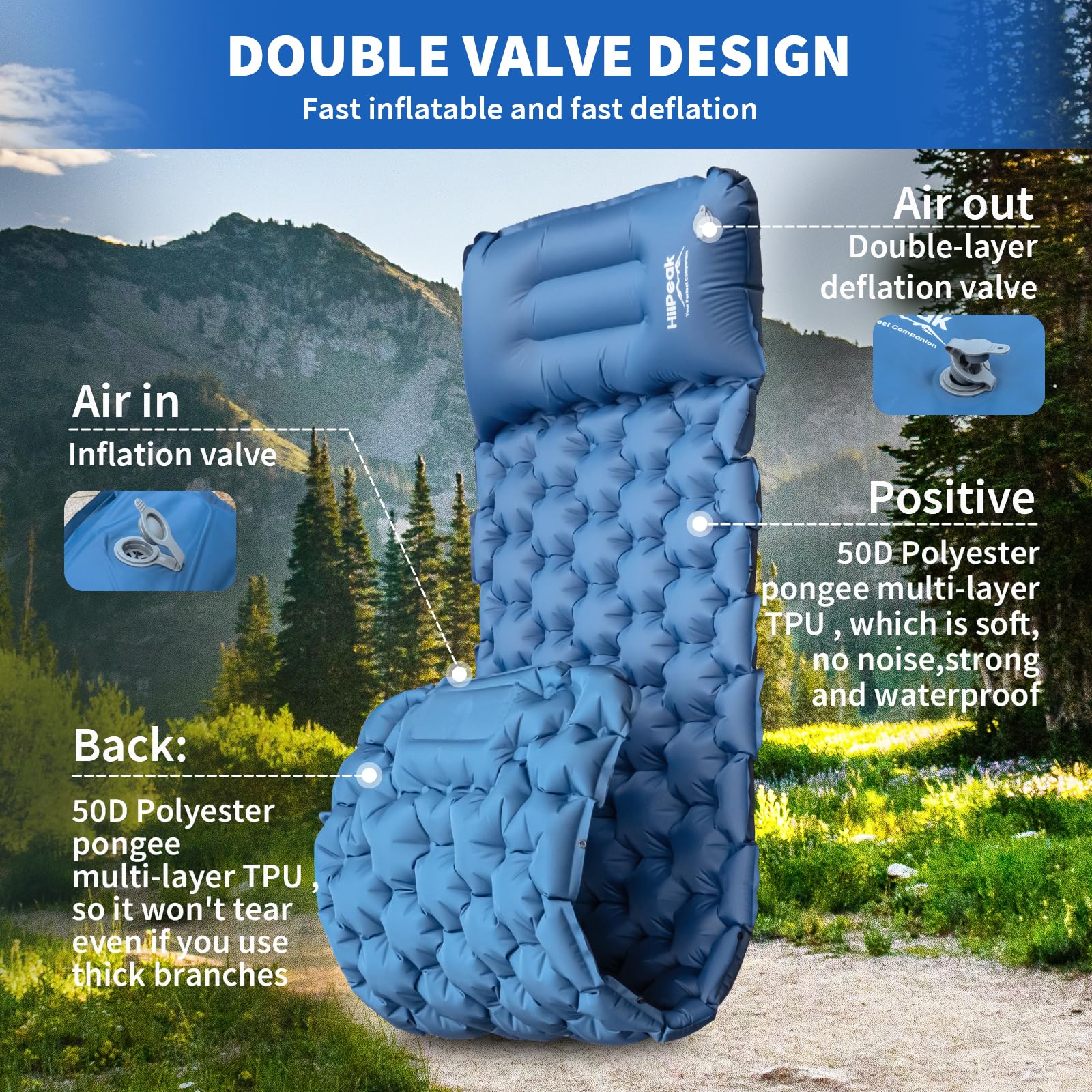 HiiPeak sleeping pad back and front materials demonstrate durable outdoor grade fabrics.