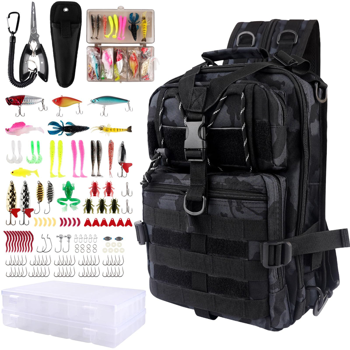 Hikary 137-piece tackle box backpack front view for organized fishing gear