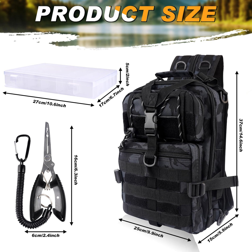 Hikary 137-piece tackle box backpack open with 36 compartments visible