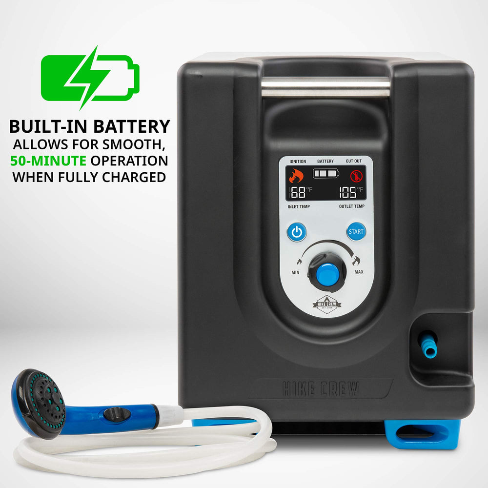Hike Crew automatic 142°F safety shutoff protects against accidental scalding during use