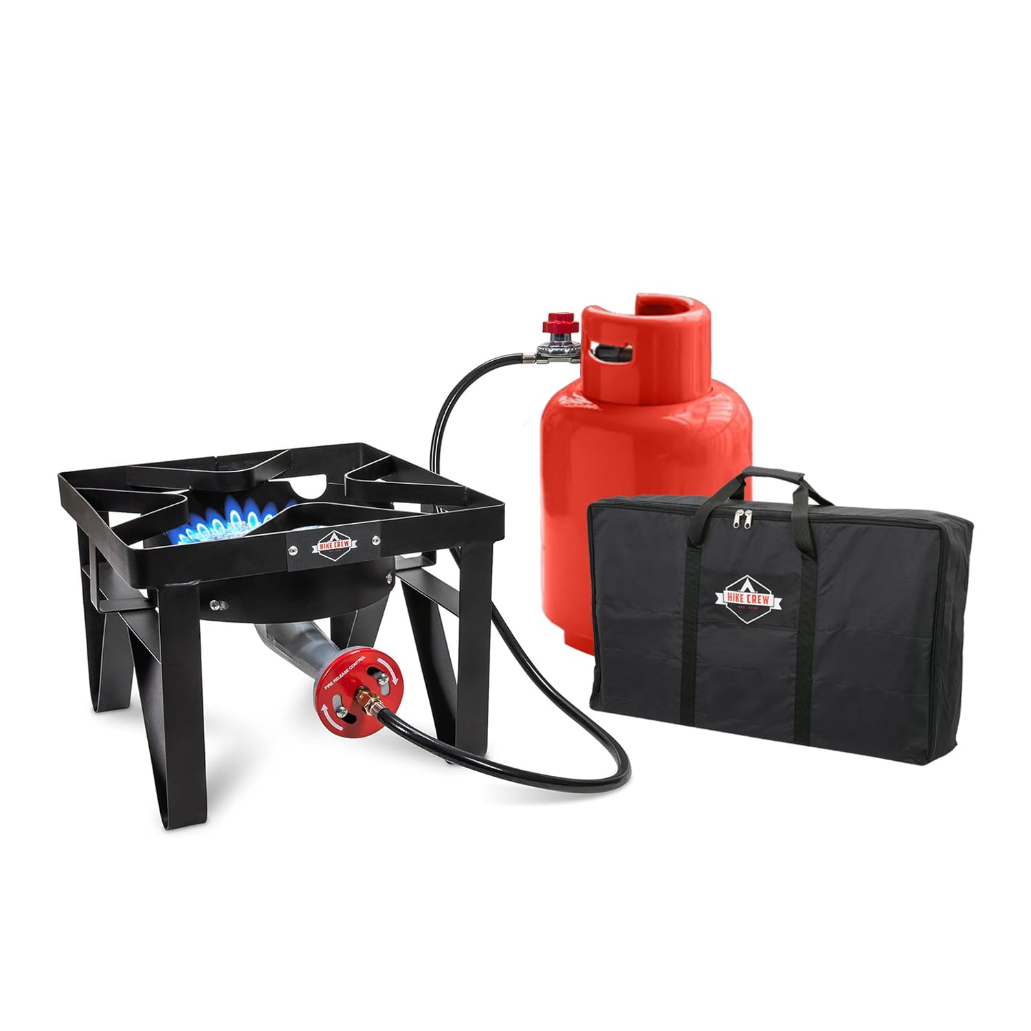 Hike Crew cast iron stove—front view with blue flame for precise outdoor cooking