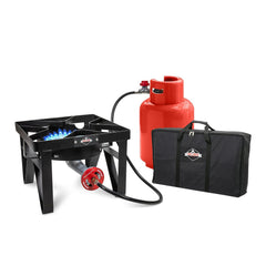 Hike Crew cast iron stove—front view with blue flame for precise outdoor cooking