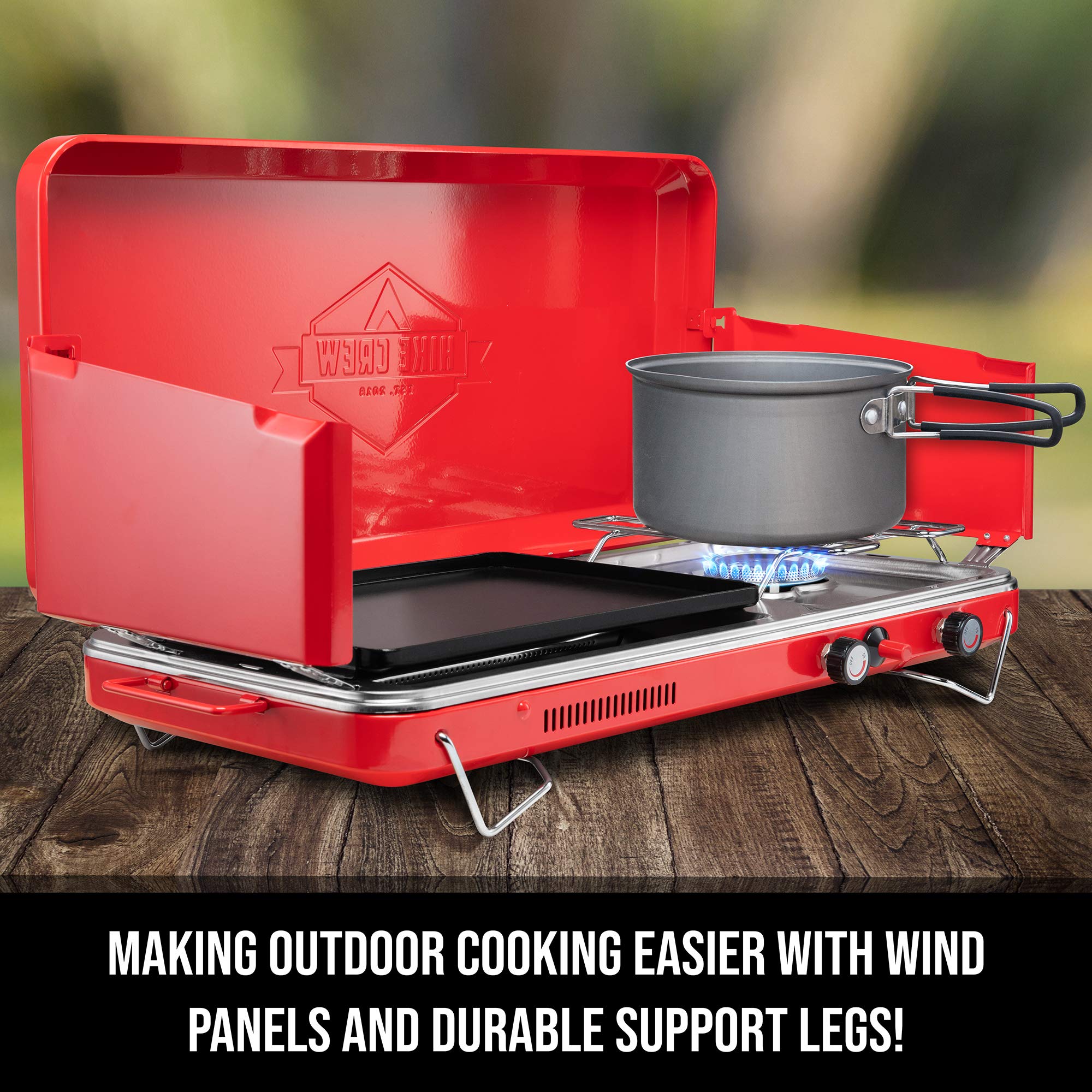 Hike Crew ceramic griddle sizzle close-up highlighting fast heating and browning.