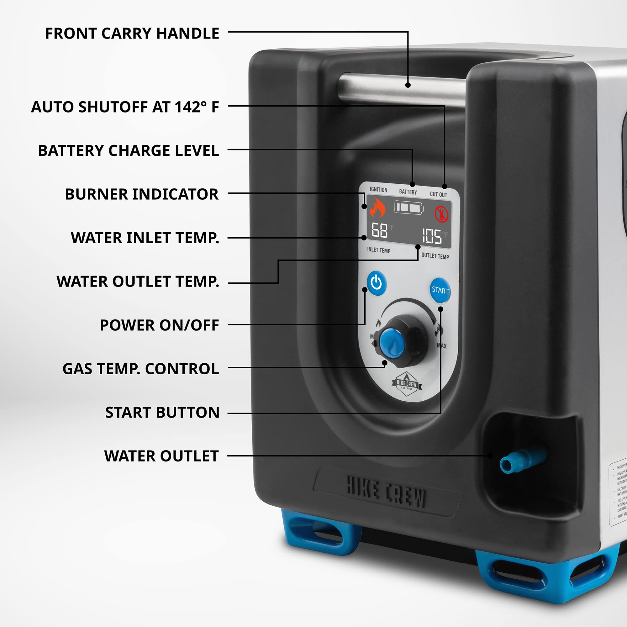 Hike Crew LCD temperature display helps monitor heat levels for safe showers