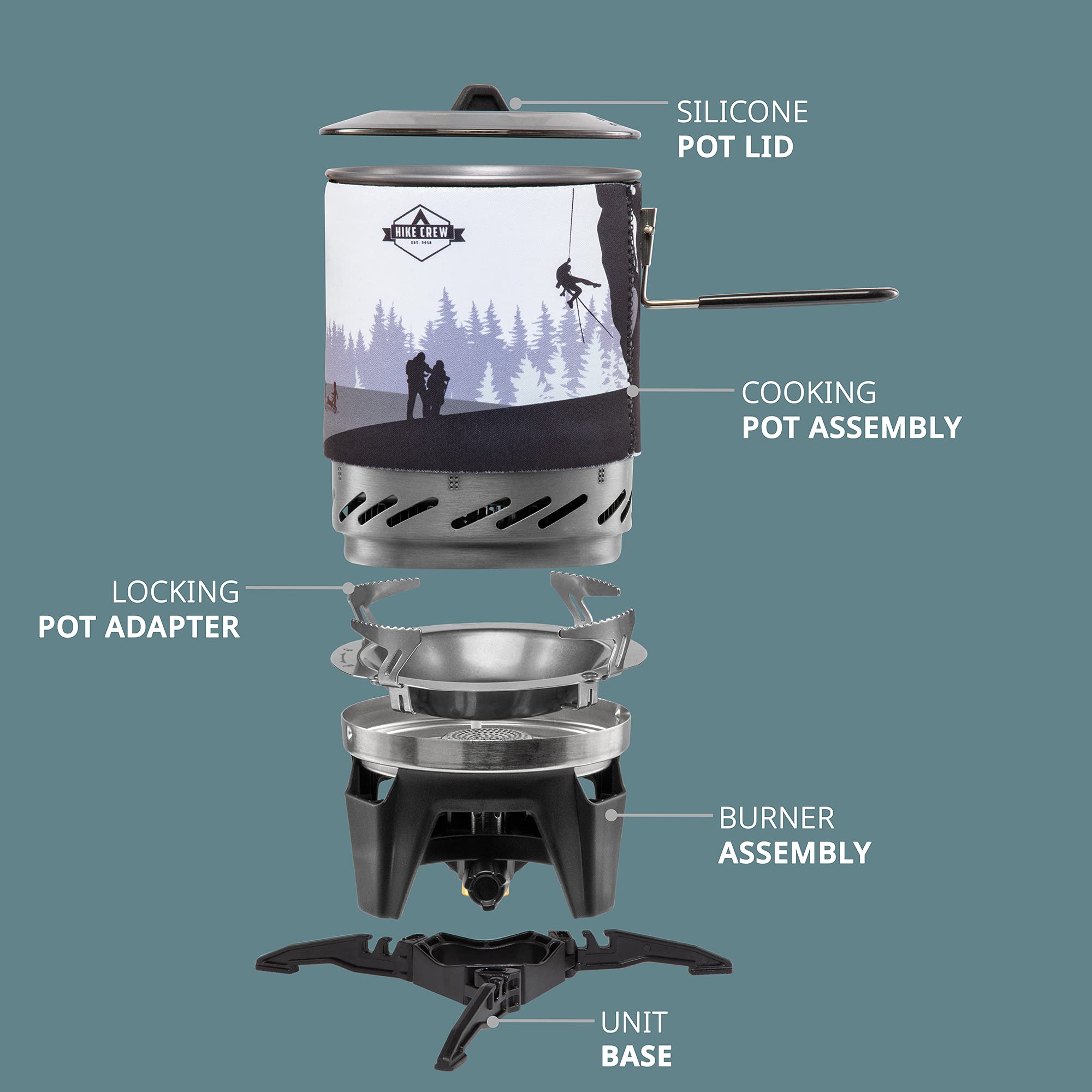 Hike Crew locking pot adapter keeps setup simple and secure during use.