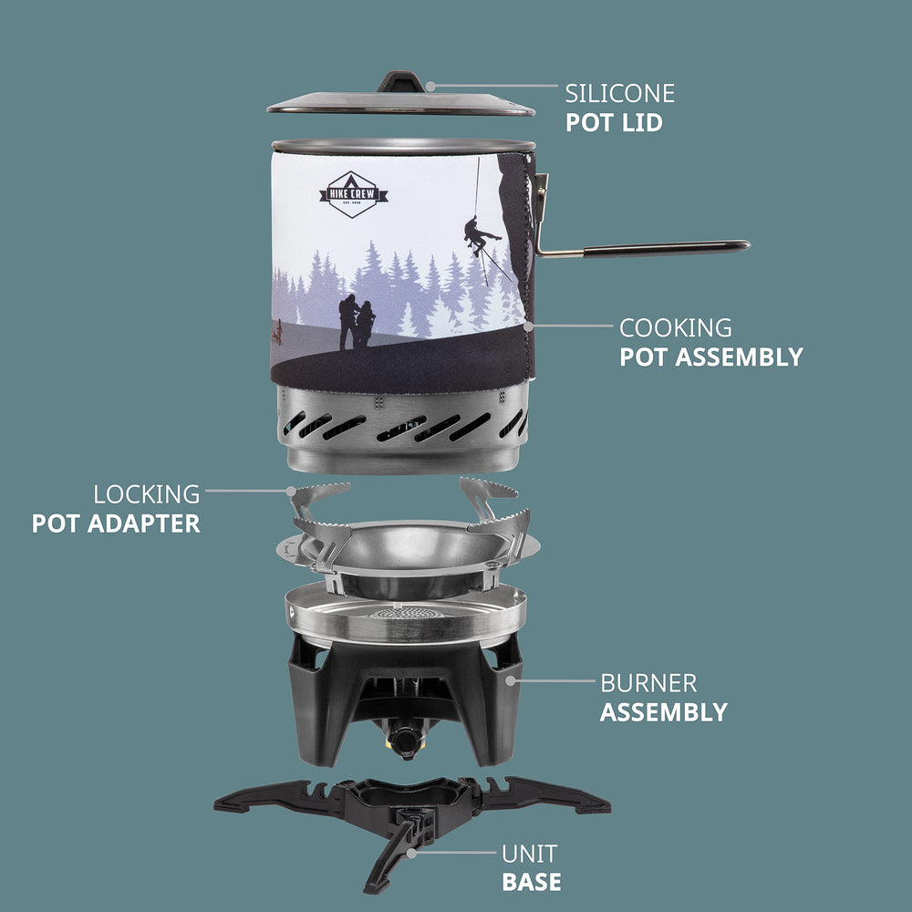 Hike Crew locking pot adapter keeps setup simple and secure during use.