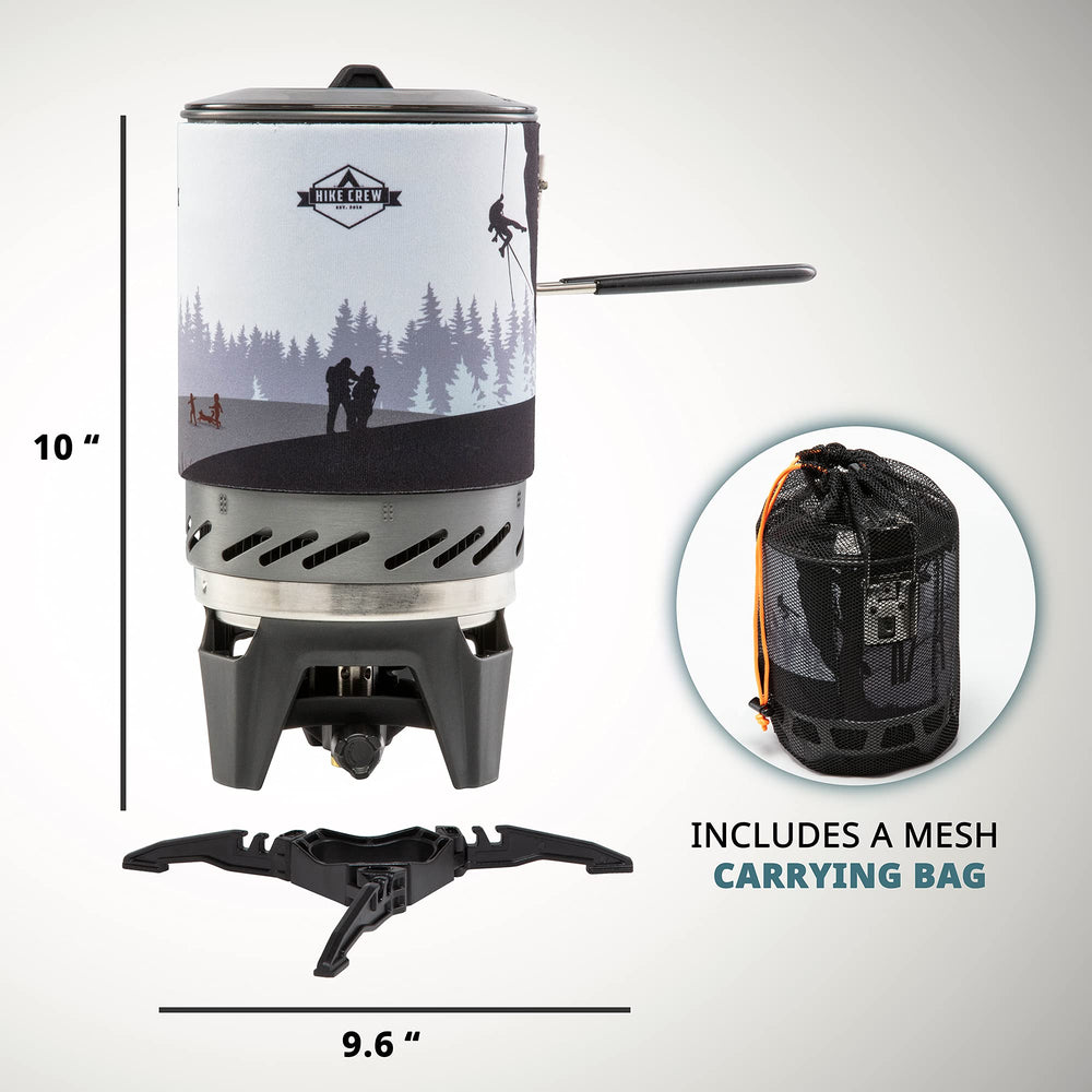 Hike Crew silicone lid and heat-resistant handle for safe on-the-go cooking.