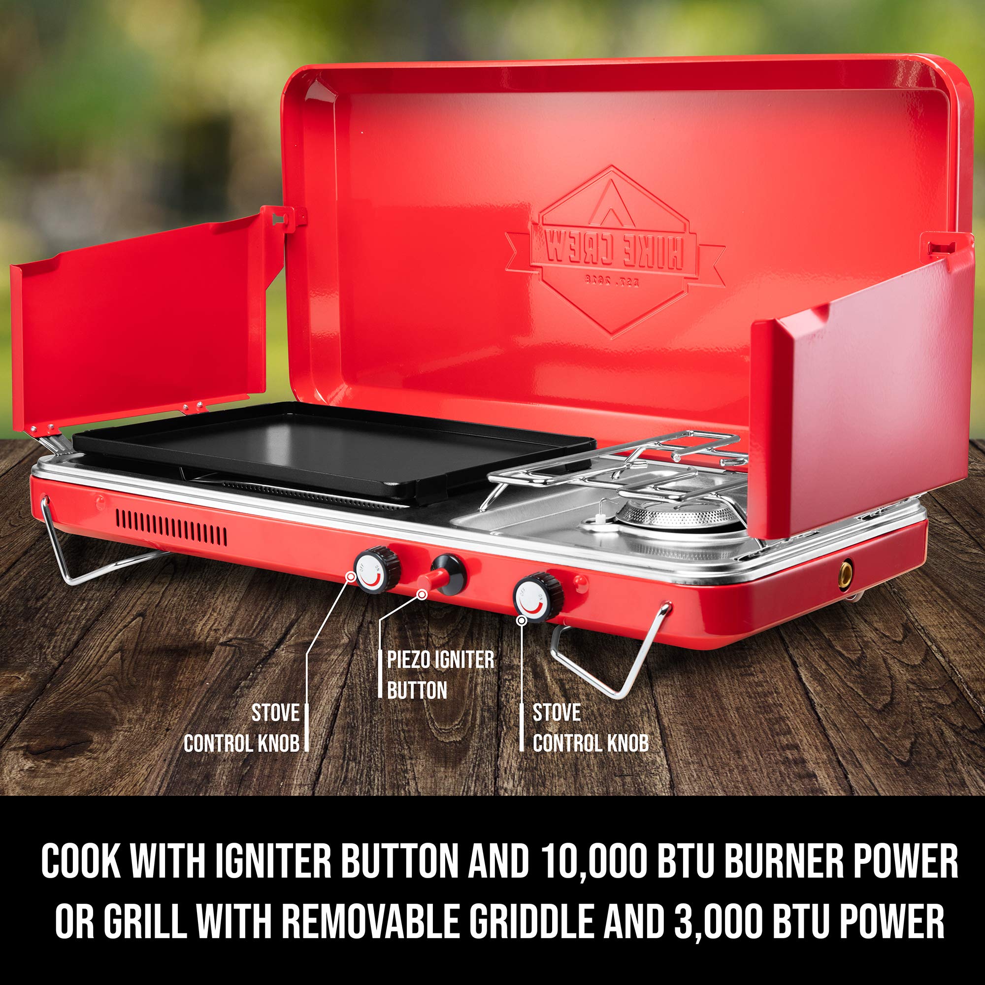 Hike Crew stainless drip tray close-up shows easy cleanup after grilling.
