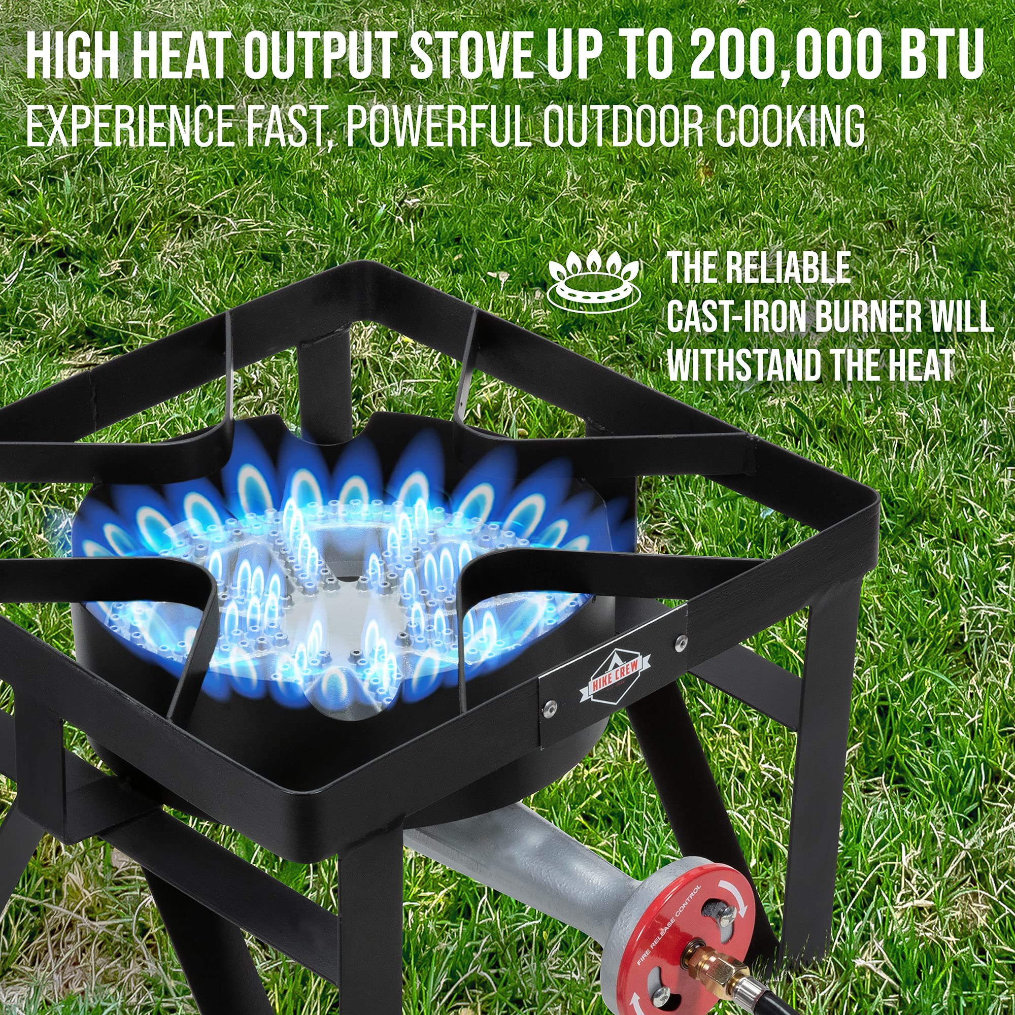 Hike Crew blue flame control panel close-up for heat adjustment outdoors