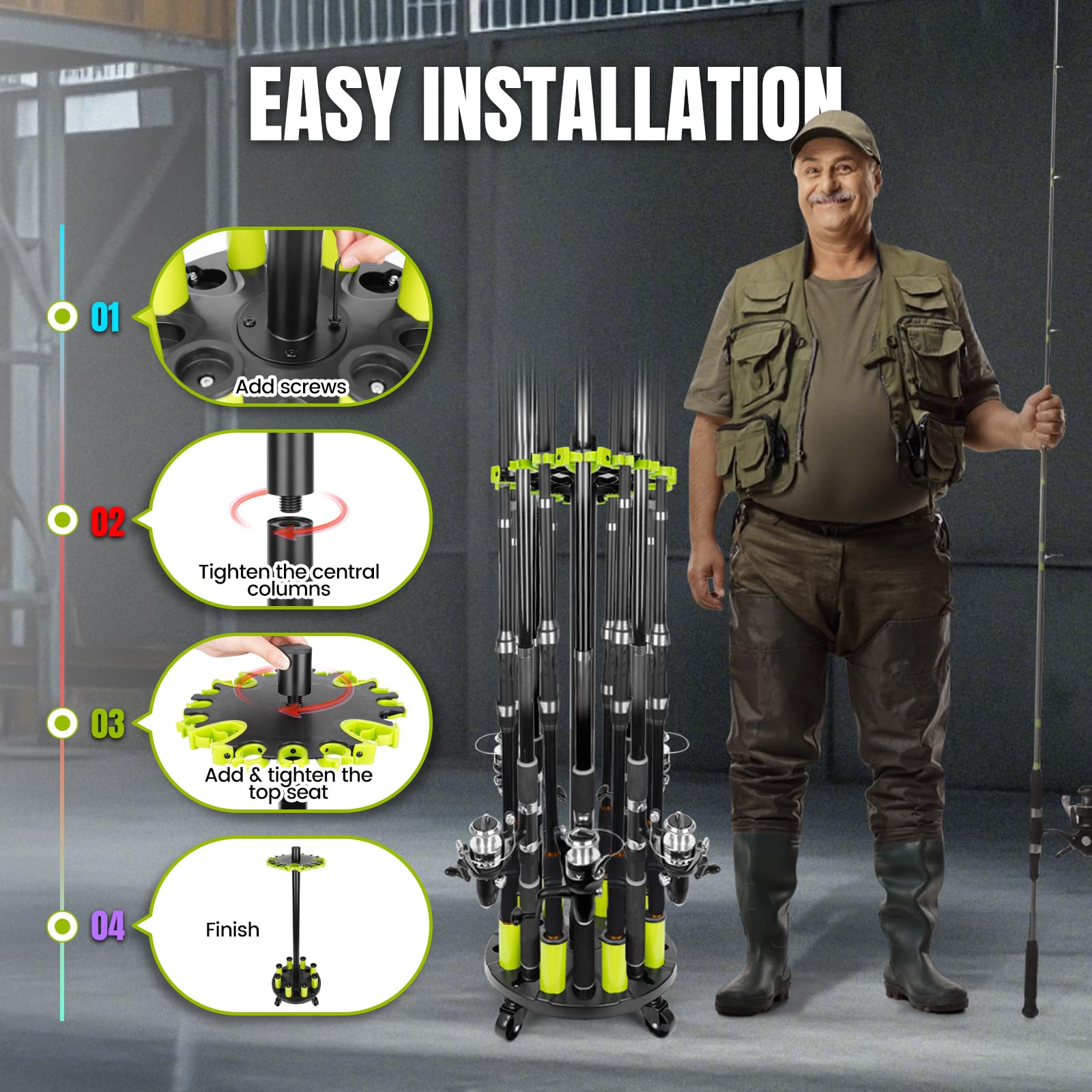 Rod holder wheels enabling 360-degree mobility