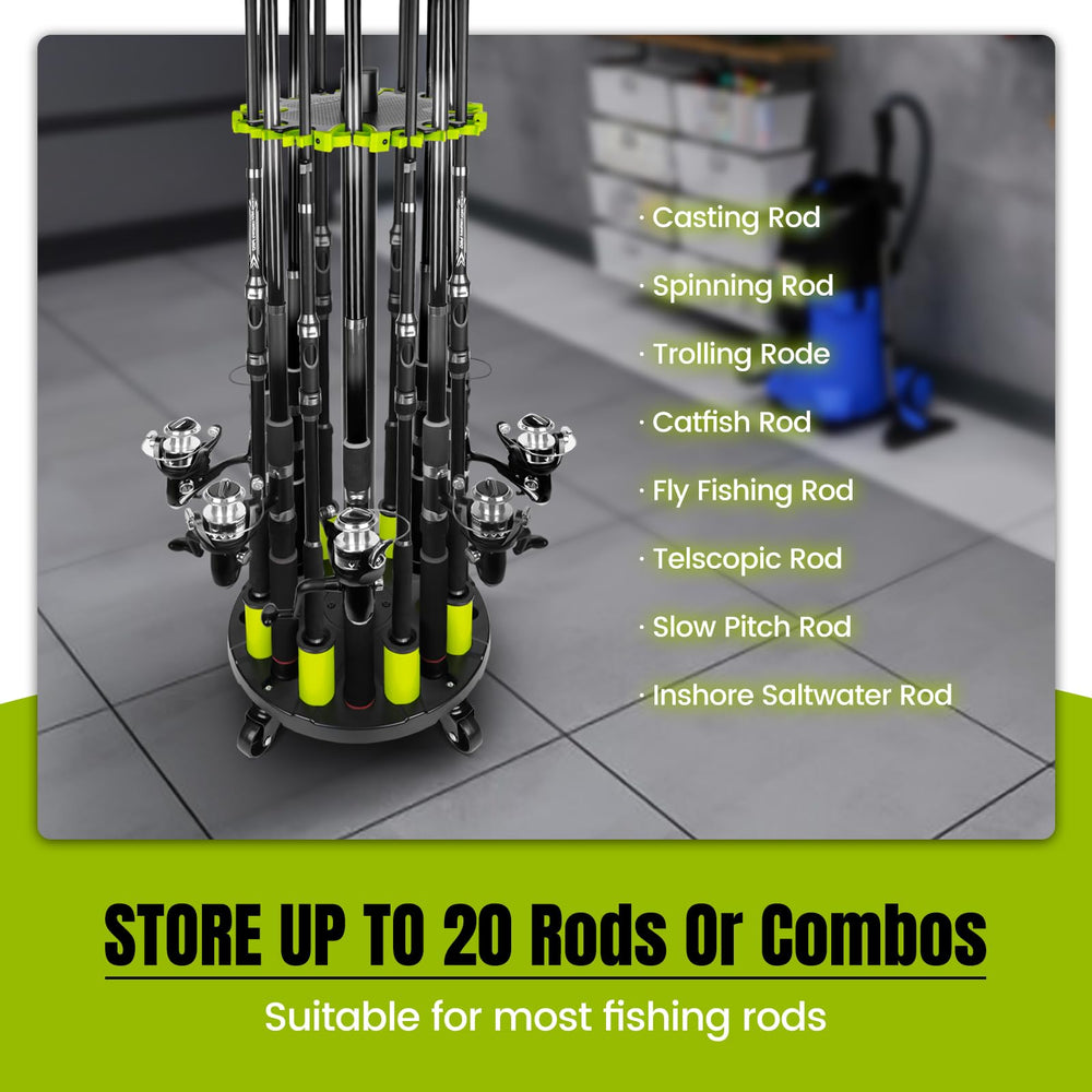 Fully assembled Hikeen fishing rod storage organizer in a garage setting