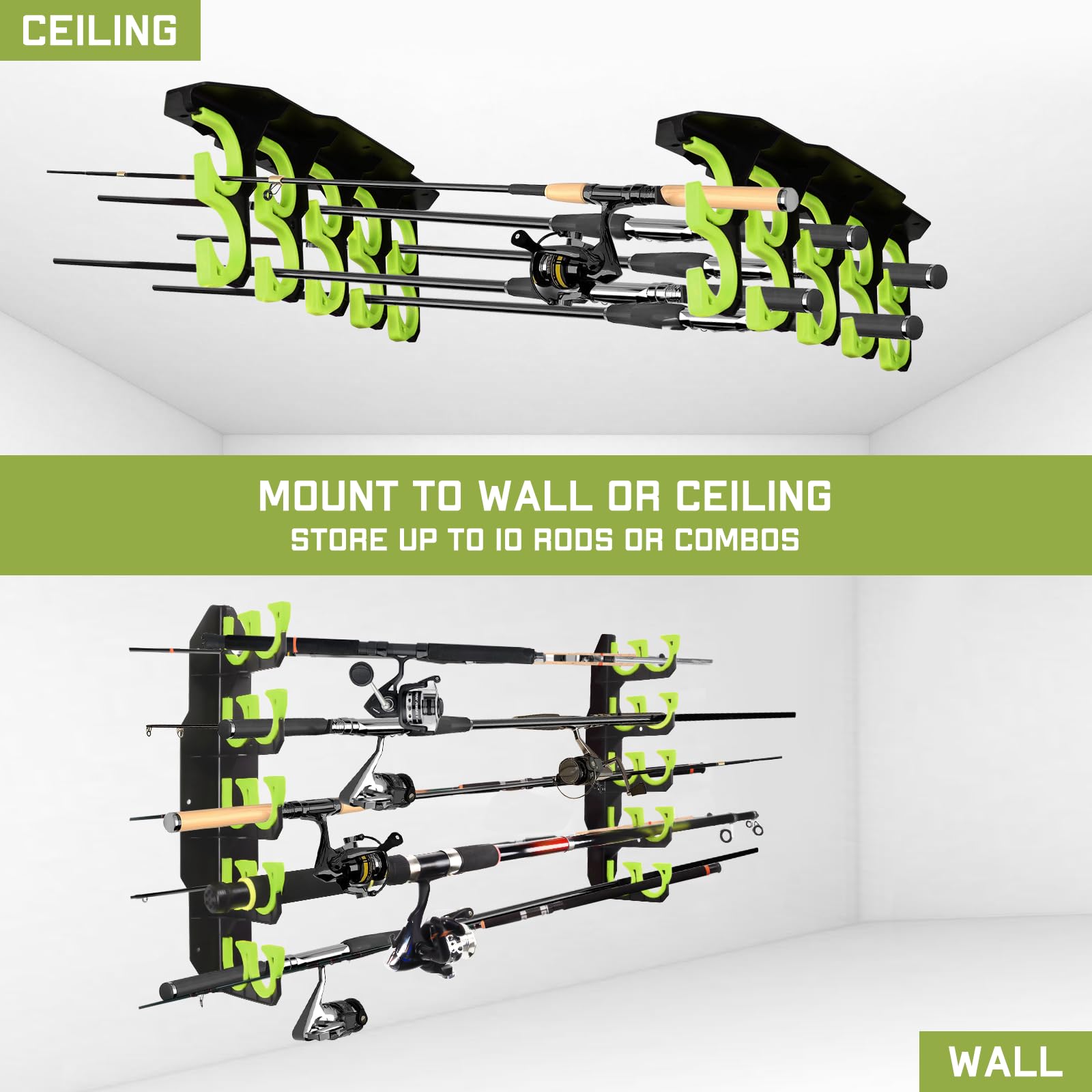 Hikeen 10-rod capacity rack neatly stores tackle-ready rods and combos.