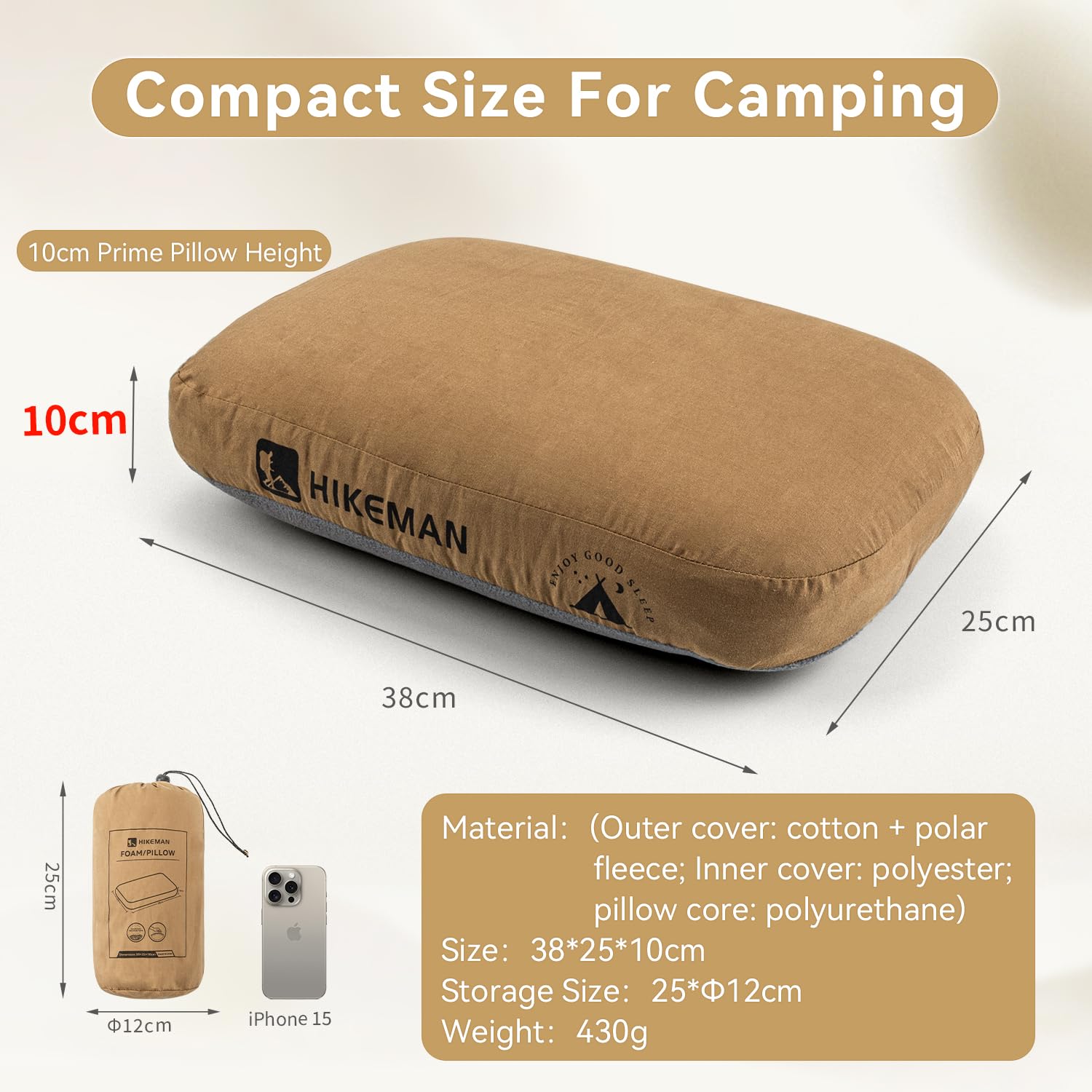 HIKEMAN memory foam pillow removable cover close-up highlighting breathable fabric