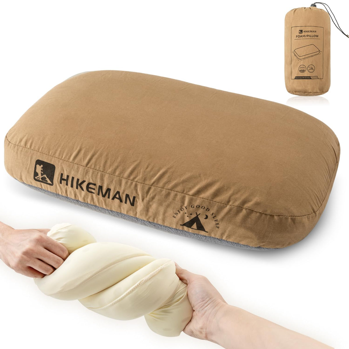 HIKEMAN camping memory foam pillow front view showing ultralight form for travel