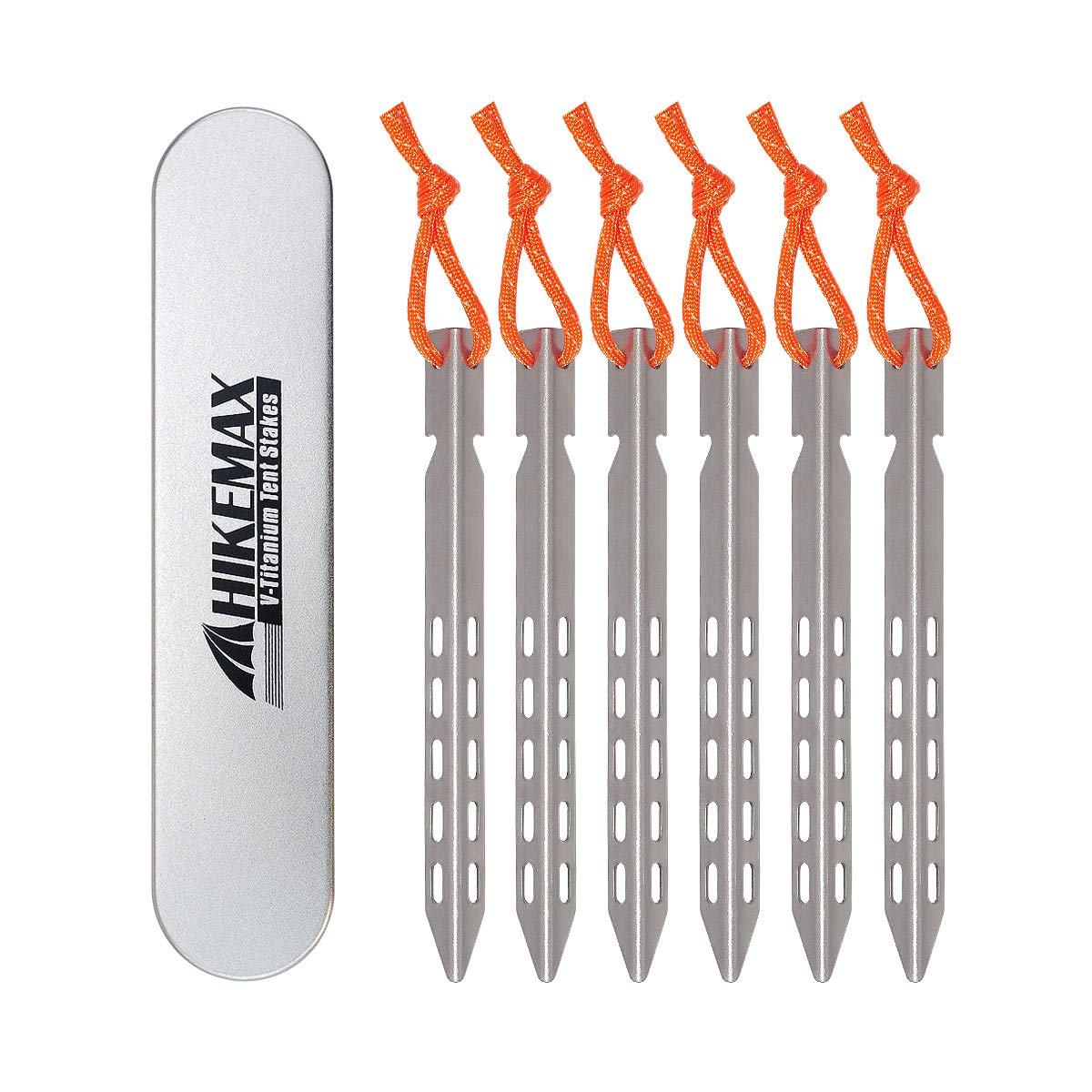 Hikemax ultralight titanium tent stakes in a 6-pack for backpacking.