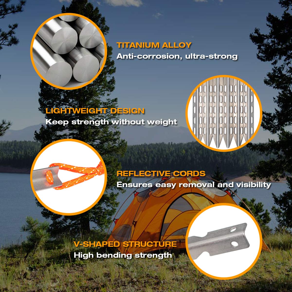 Hikemax V-shaped titanium stakes shown in side profile for strong soil grip.