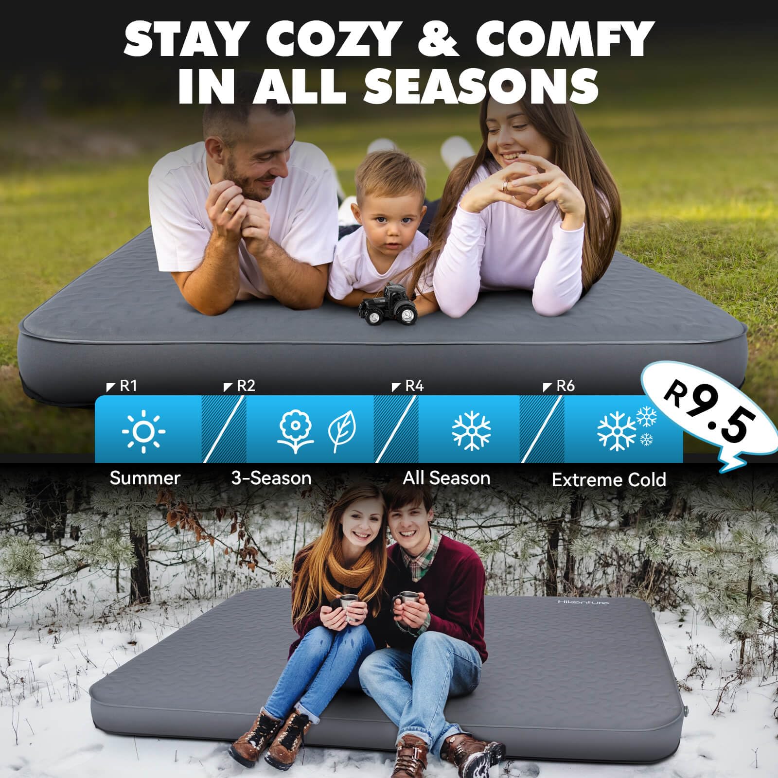 Hikenture 9.5 R-value insulated sleeping mat blocks cold ground for year-round camping