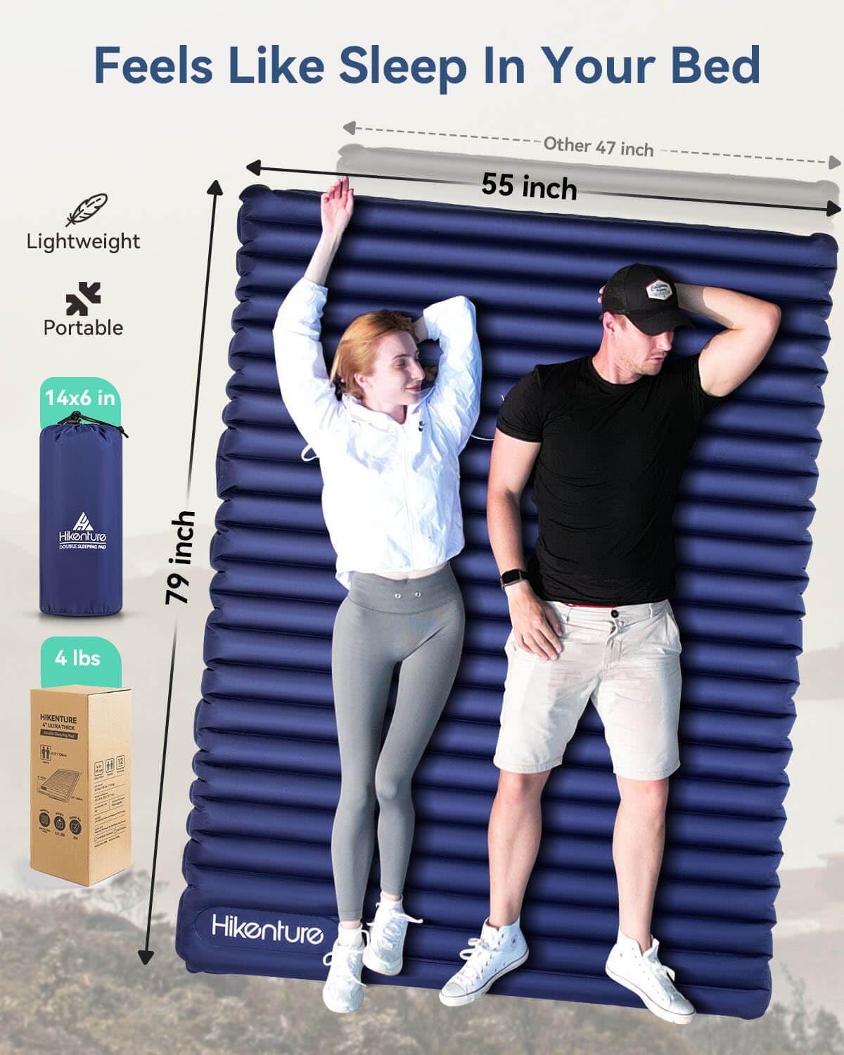 Hikenture double sleeping pad folded compact to save backpack space.